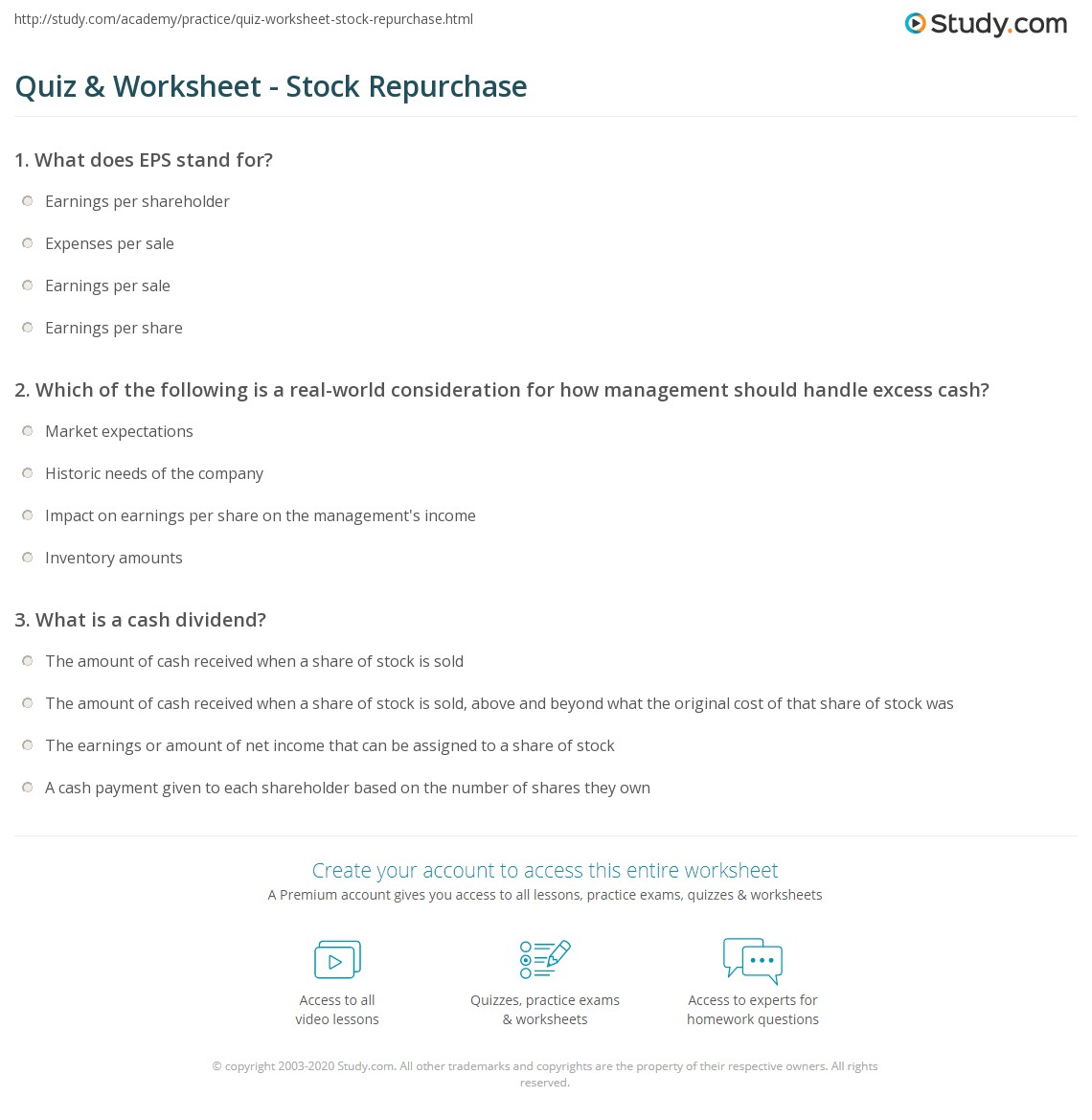 Quiz & Worksheet Stock Repurchase
