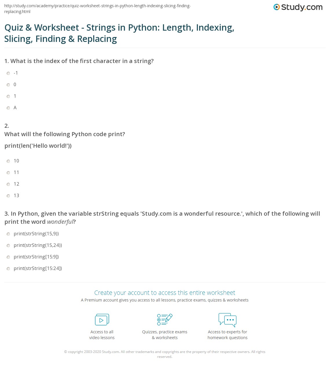Quiz & Worksheet Strings in Python Length, Indexing, Slicing