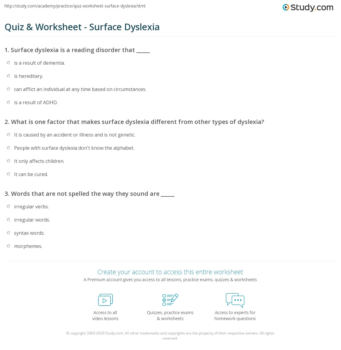 Quiz & Worksheet - Surface Dyslexia | Study.com