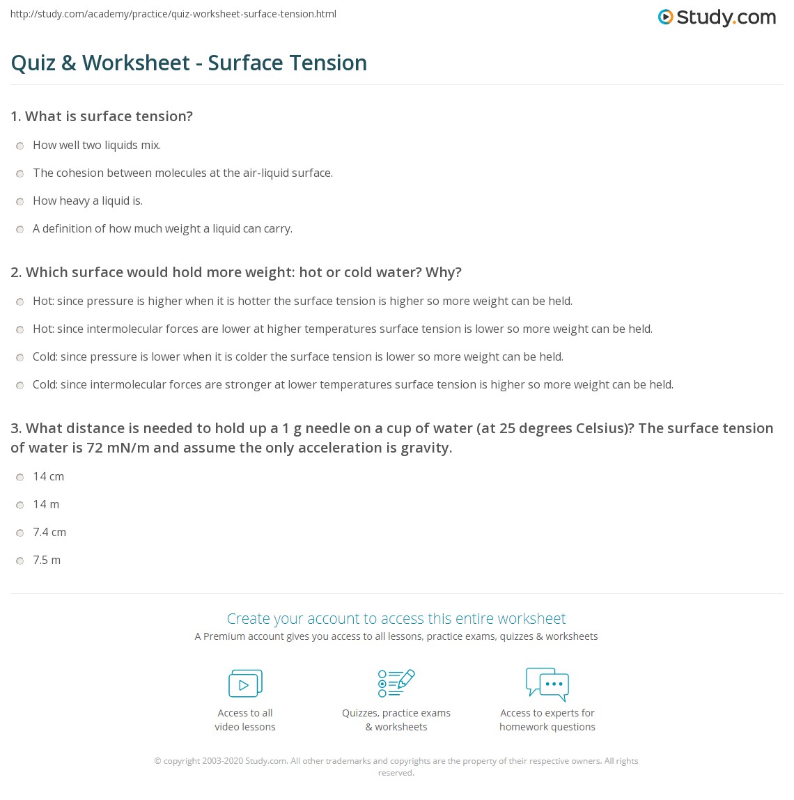 Quiz & Worksheet Surface Tension