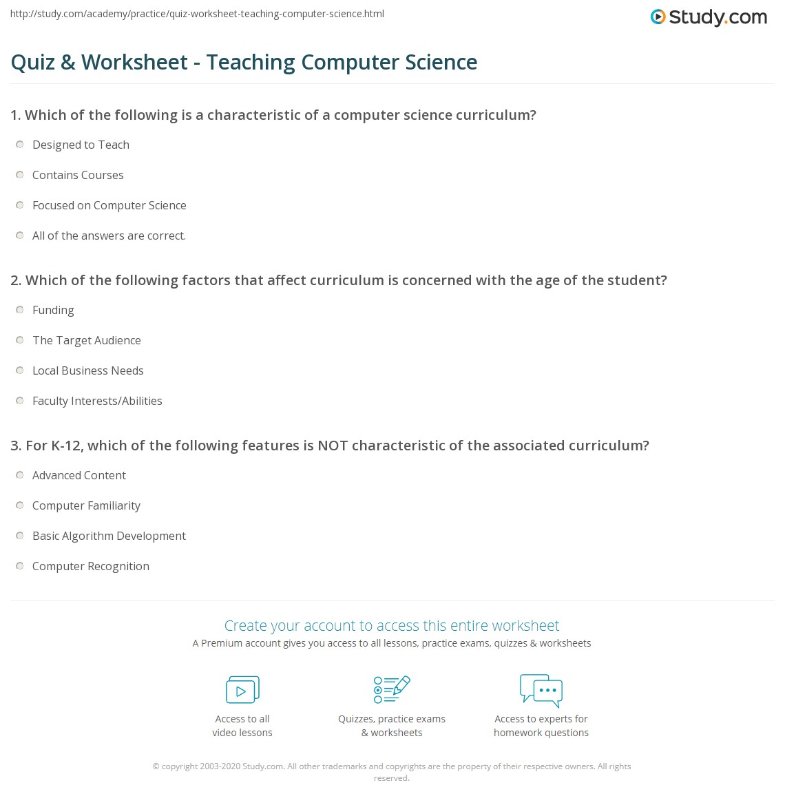 Quiz & Worksheet Teaching Computer Science
