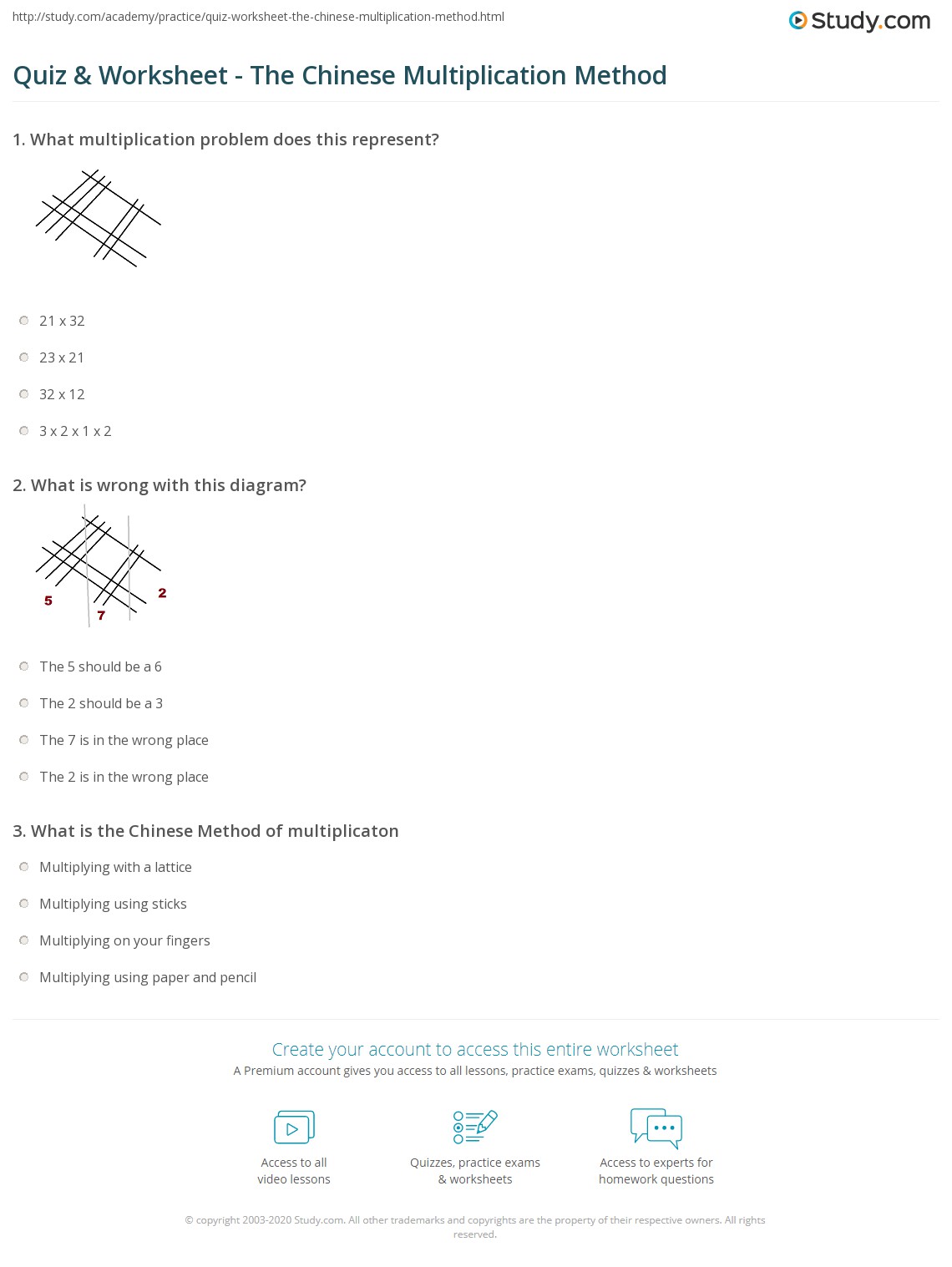 Quiz & Worksheet The Chinese Multiplication Method