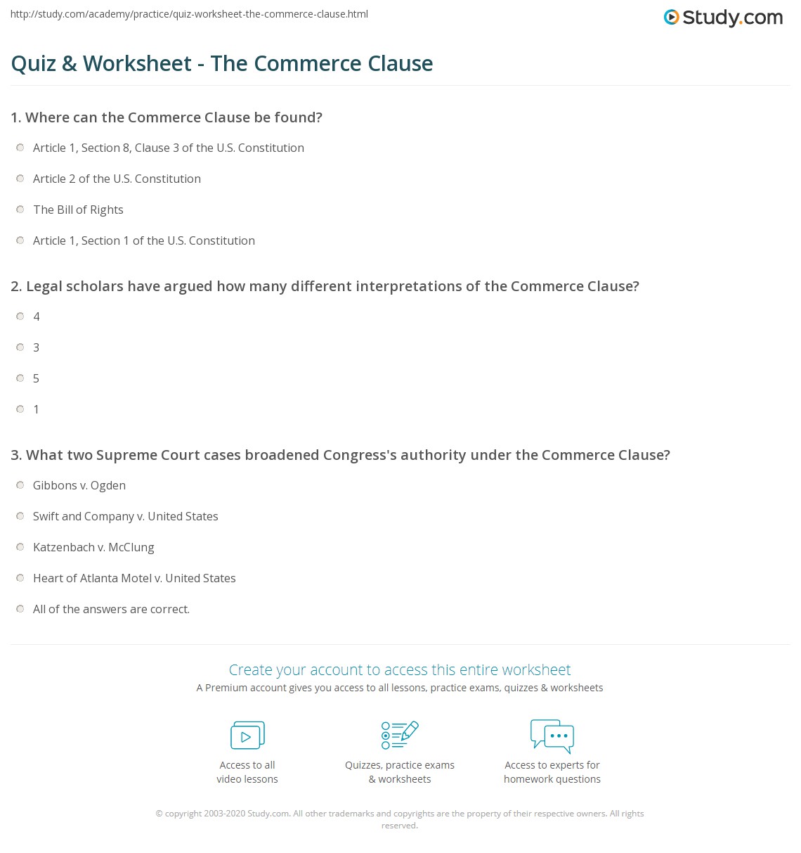 Quiz & Worksheet The Commerce Clause