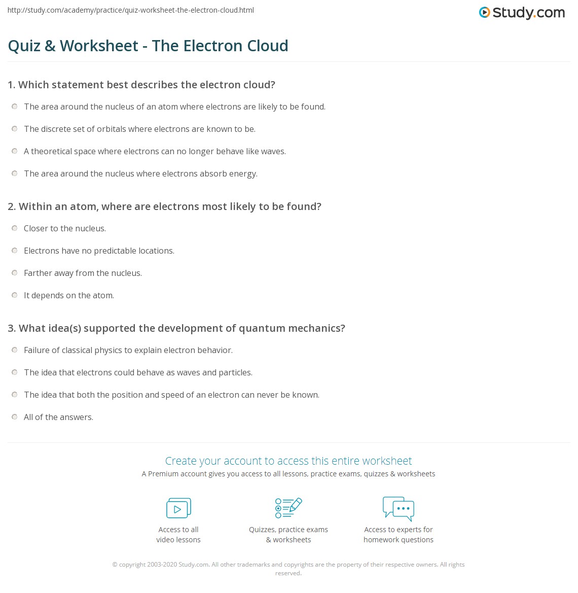 Quiz & Worksheet - The Electron Cloud | Study.com