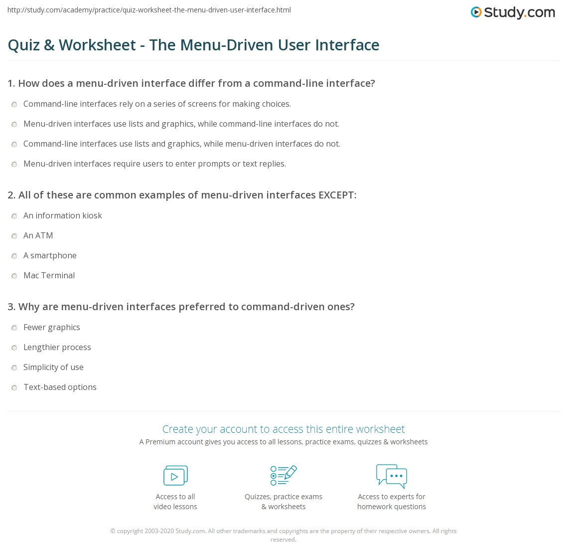 Quiz & Worksheet The MenuDriven User Interface