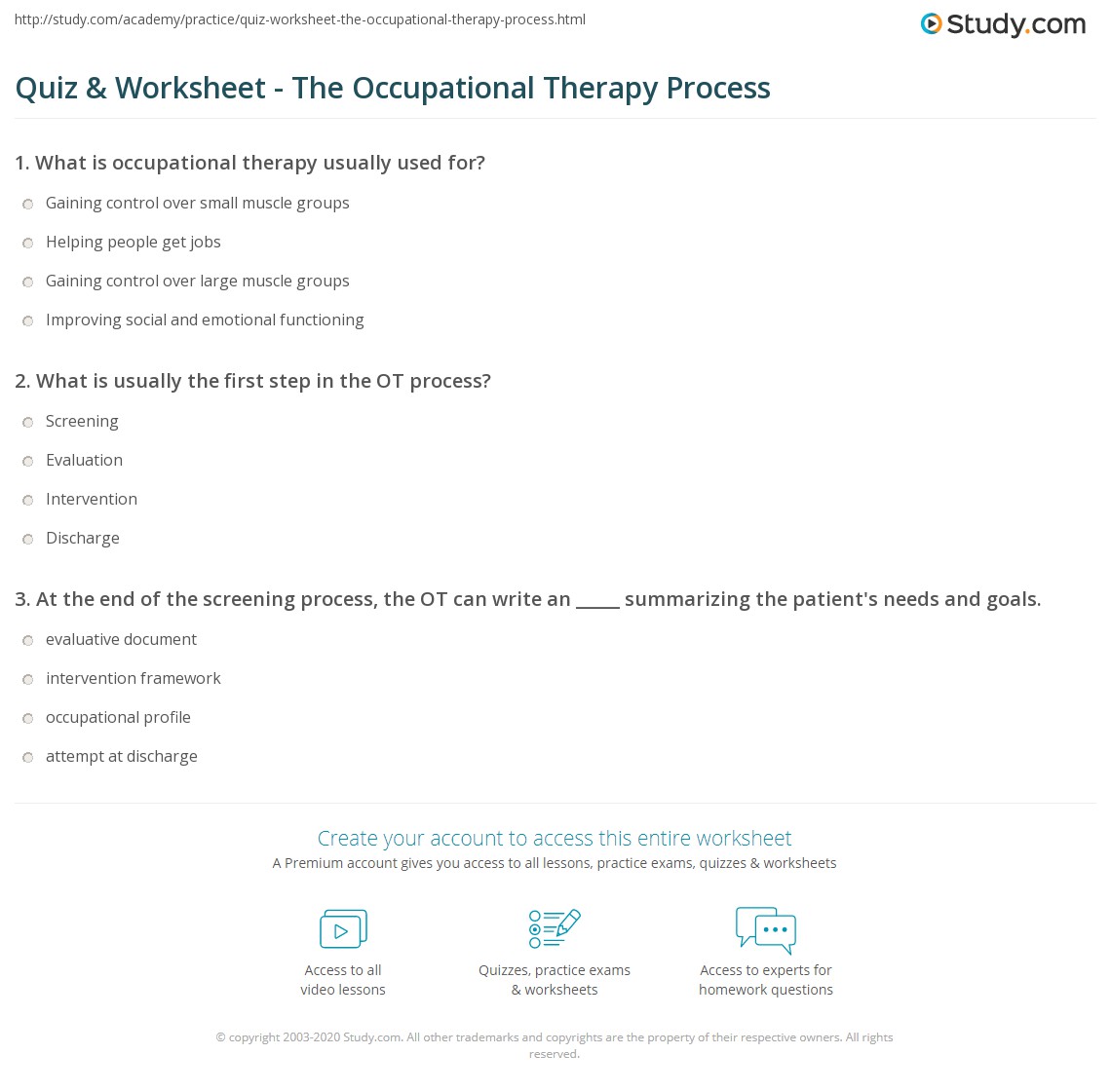 Quiz & Worksheet The Occupational Therapy Process