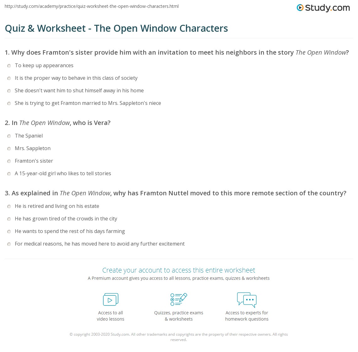 Quiz & Worksheet - The Open Window Characters | Study.com
