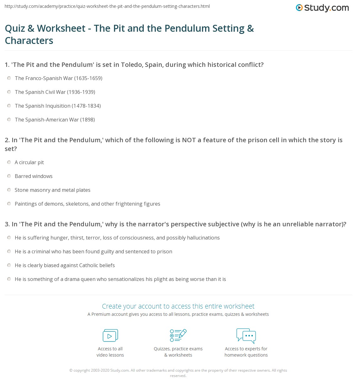 Quiz & Worksheet The Pit and the Pendulum Setting & Characters