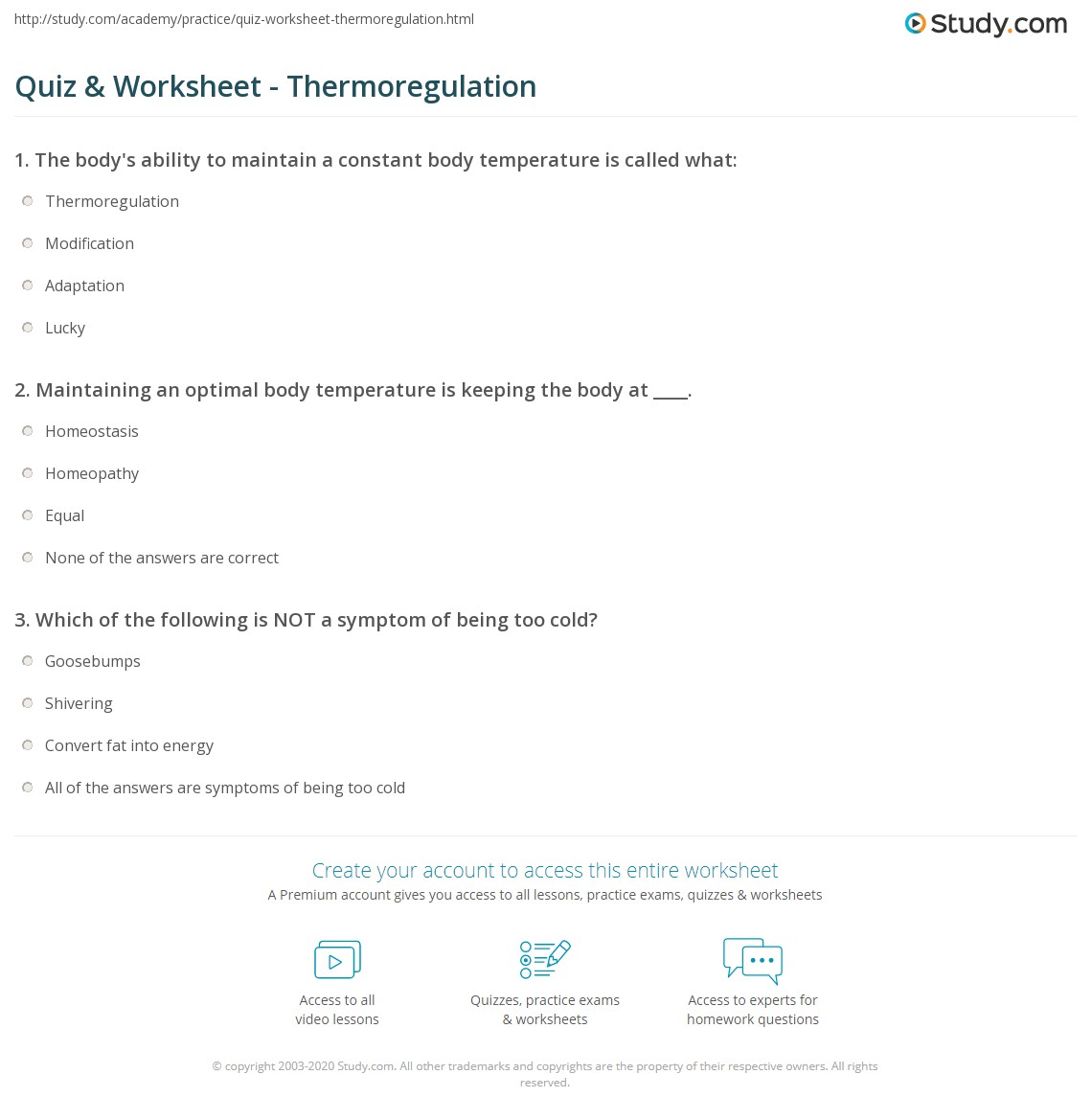 Quiz & Worksheet Thermoregulation