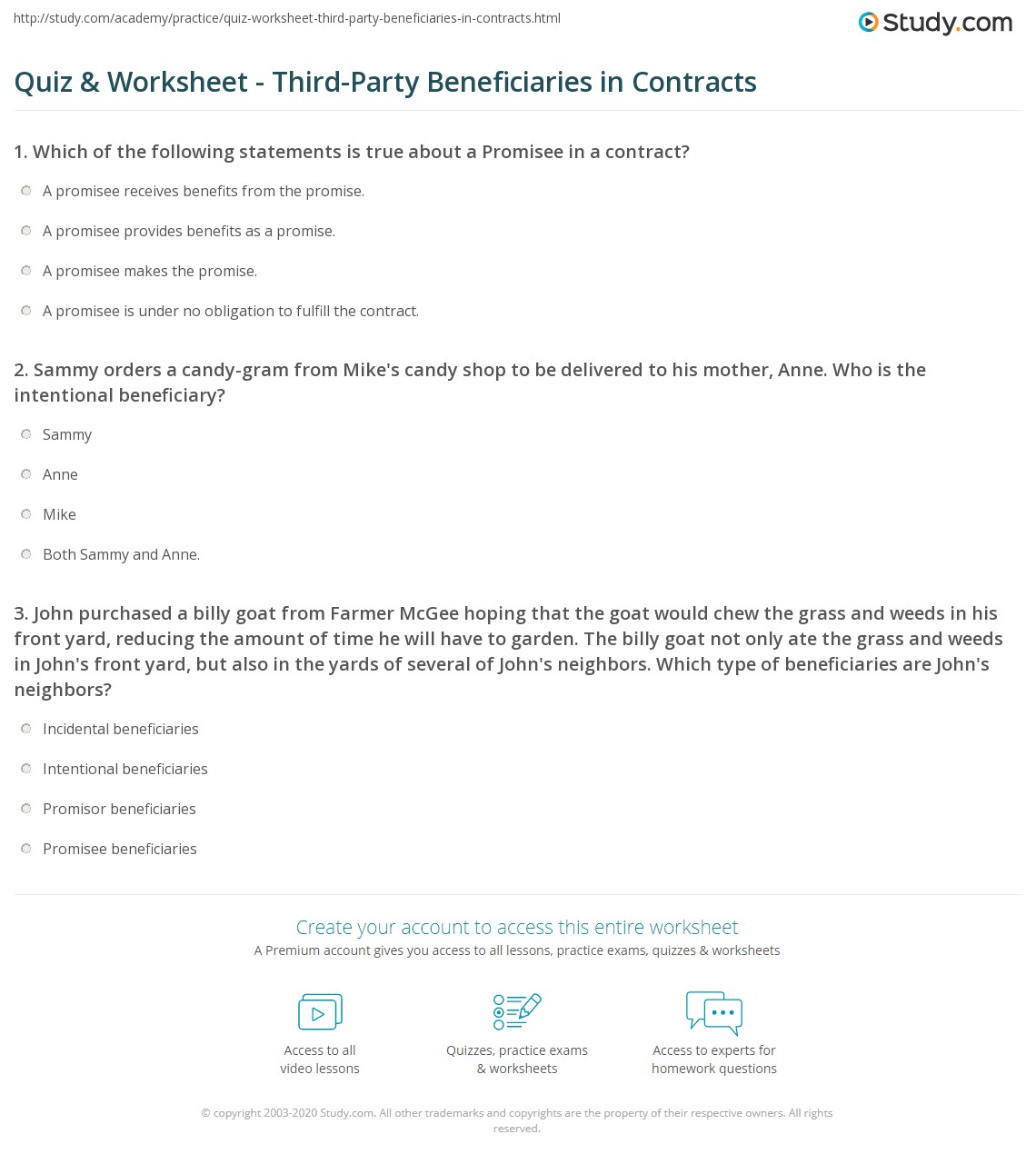Quiz & Worksheet ThirdParty Beneficiaries in Contracts