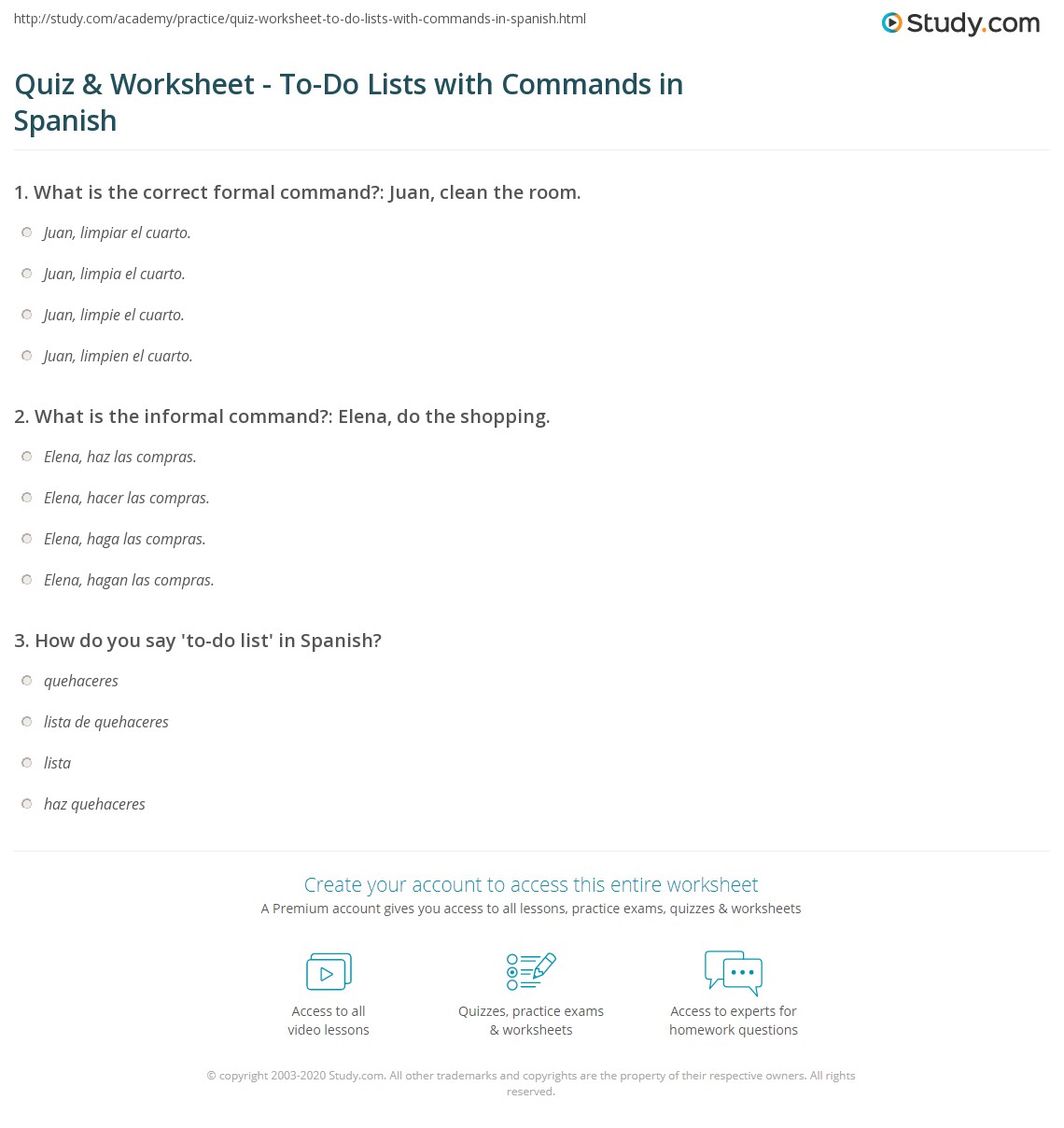 Quiz & Worksheet ToDo Lists with Commands in Spanish