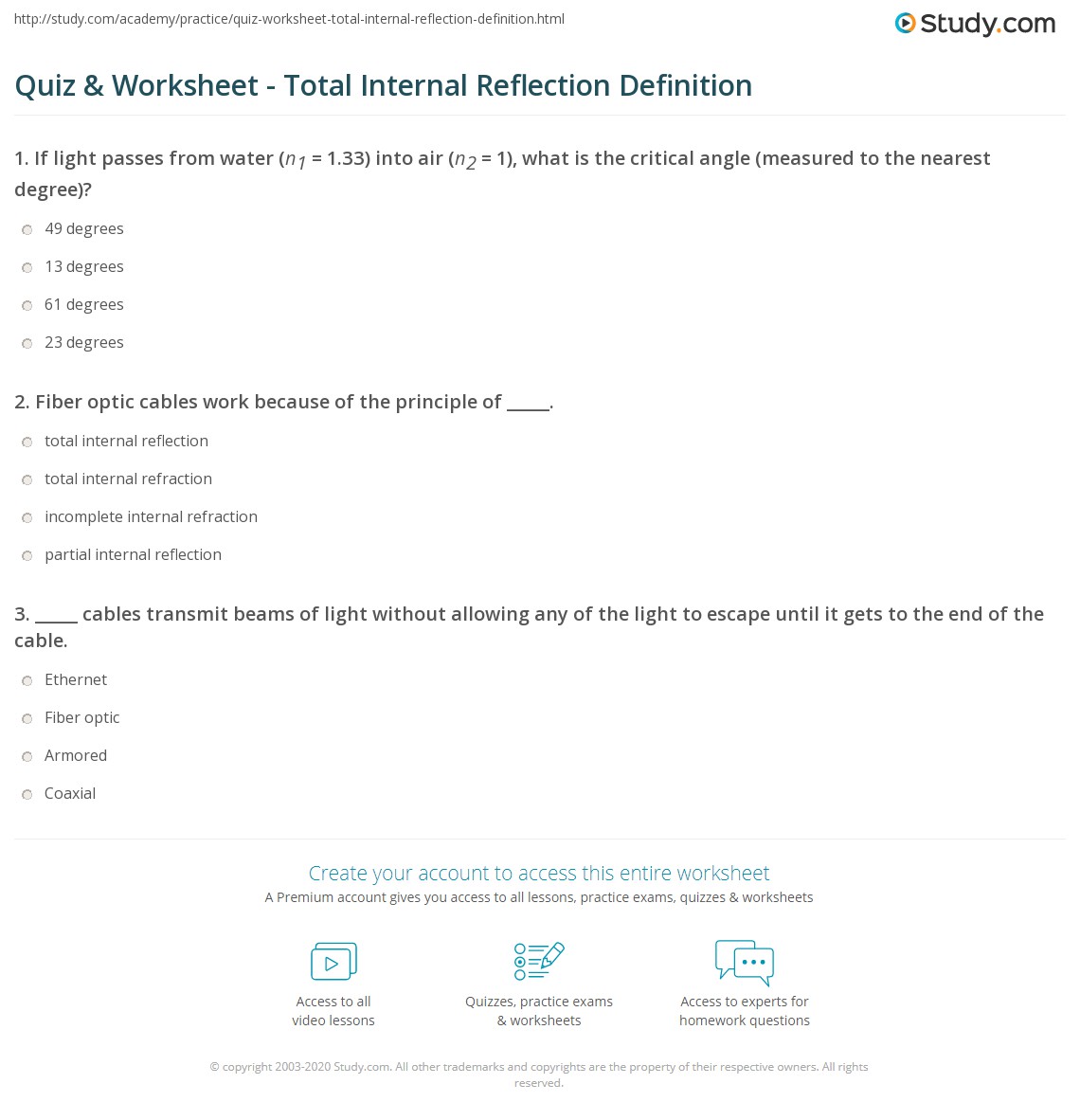 Quiz & Worksheet Total Internal Reflection Definition