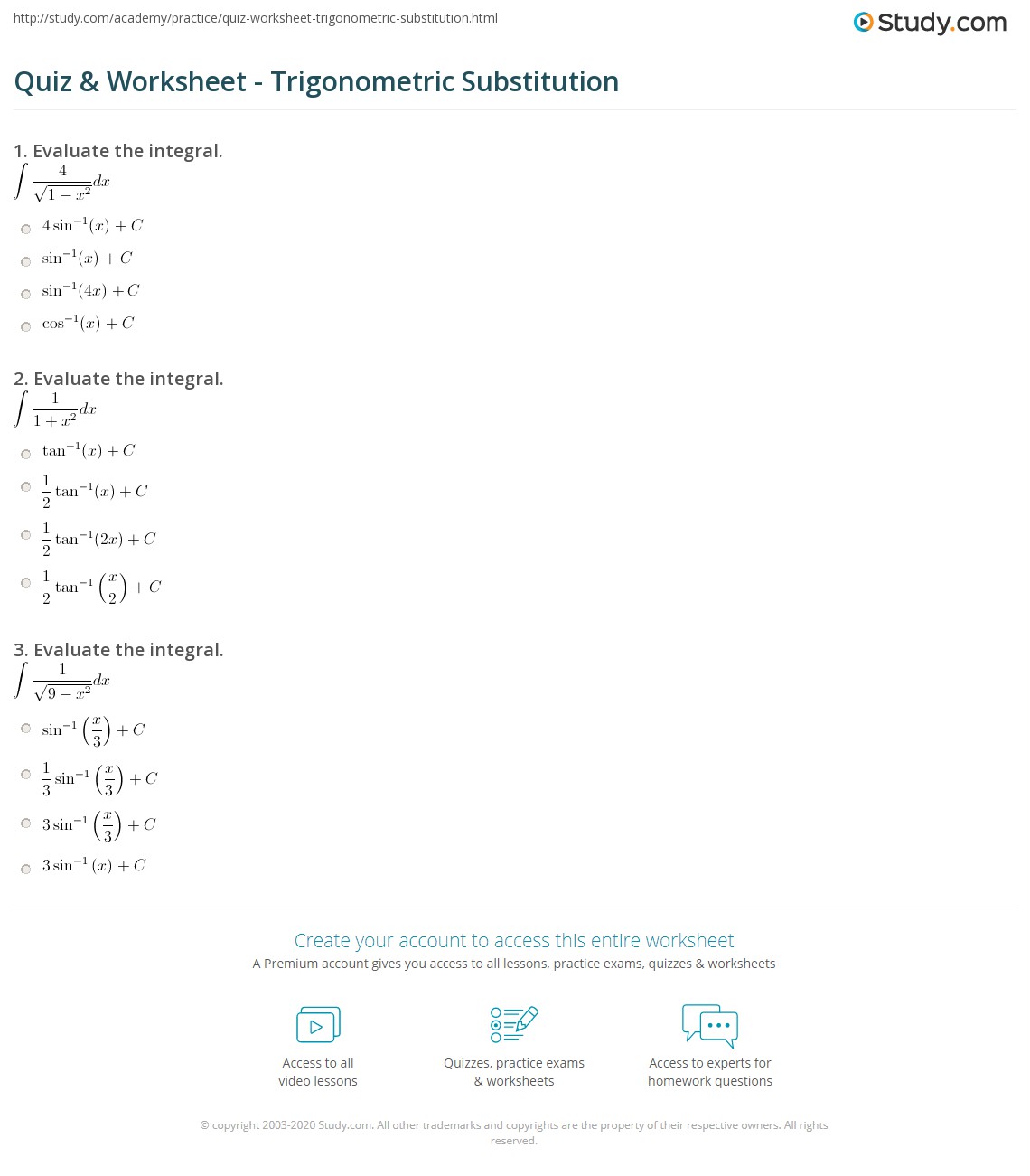 Quiz Worksheet Trigonometric Substitution Study Com