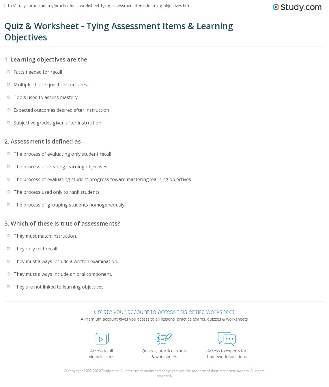 Quiz & Worksheet Tying Assessment Items & Learning Objectives