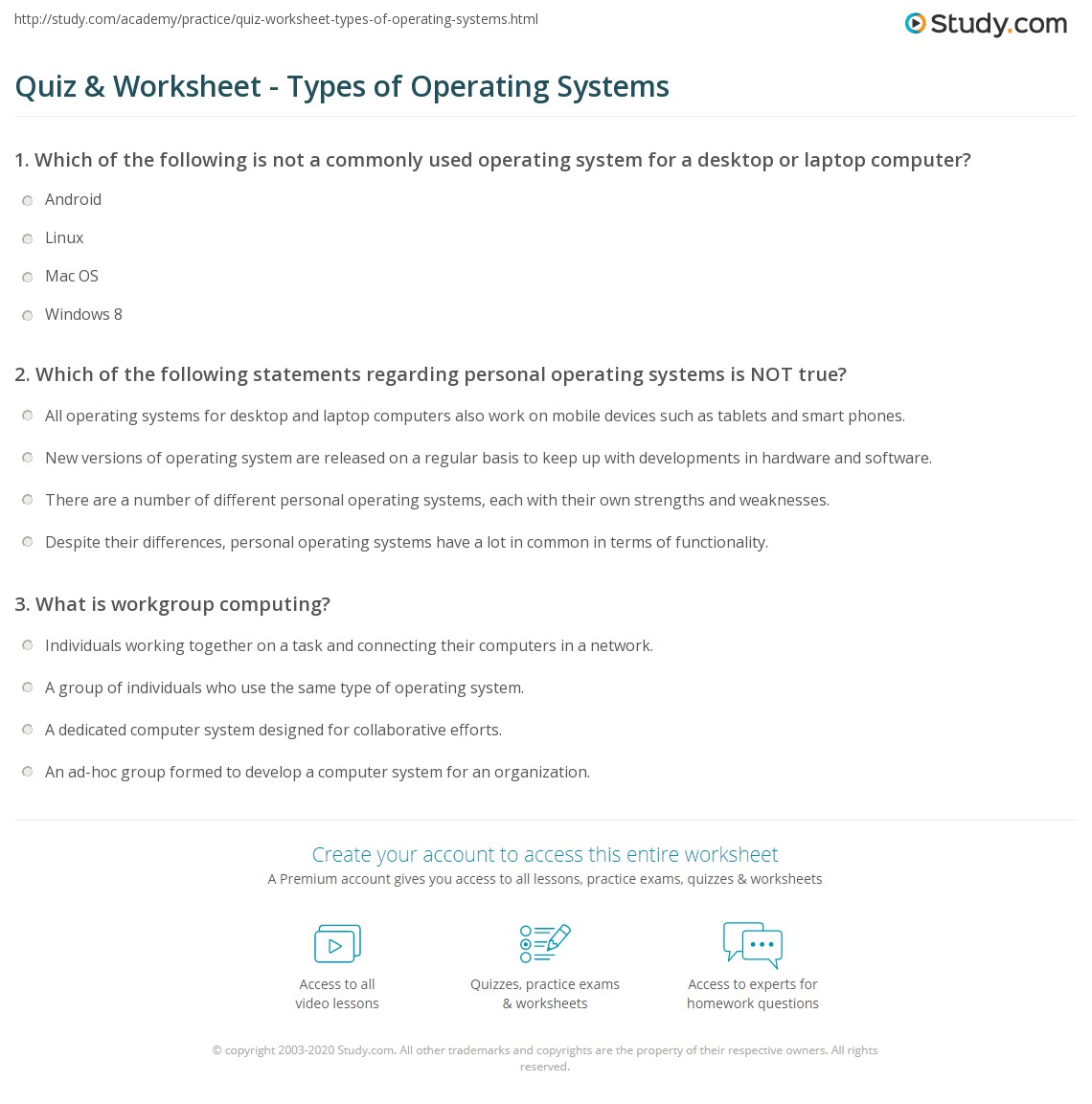 Quiz & Worksheet Types of Operating Systems