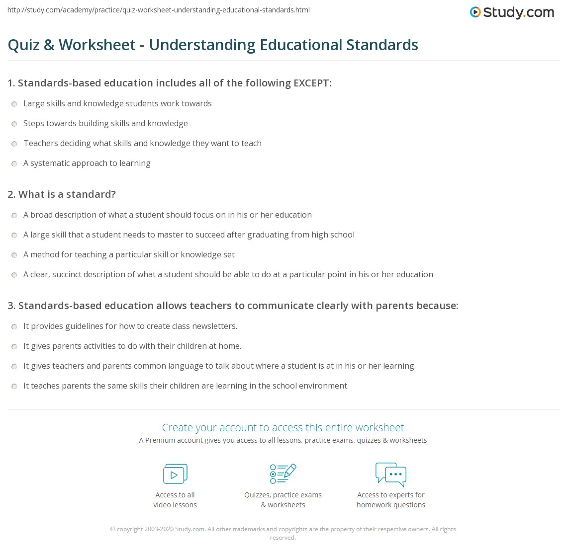 Quiz & Worksheet Understanding Educational Standards