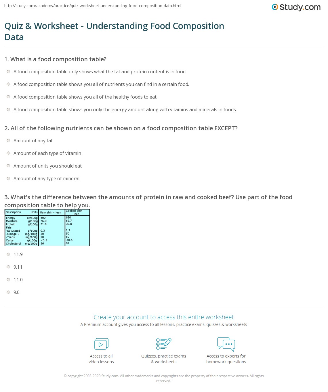 Quiz & Worksheet Understanding Food Composition Data