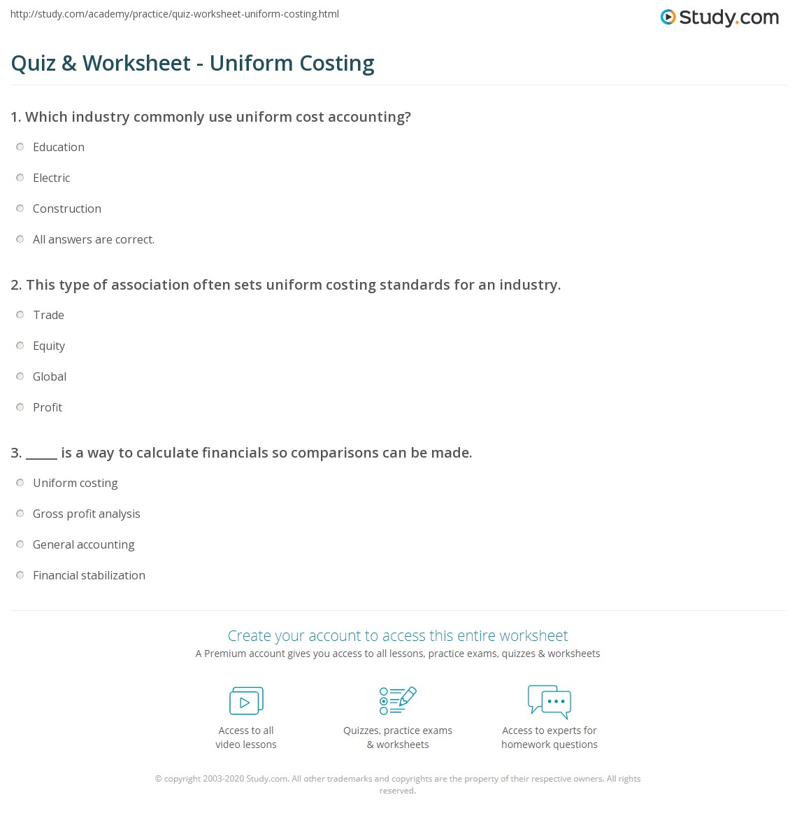 Quiz & Worksheet Uniform Costing