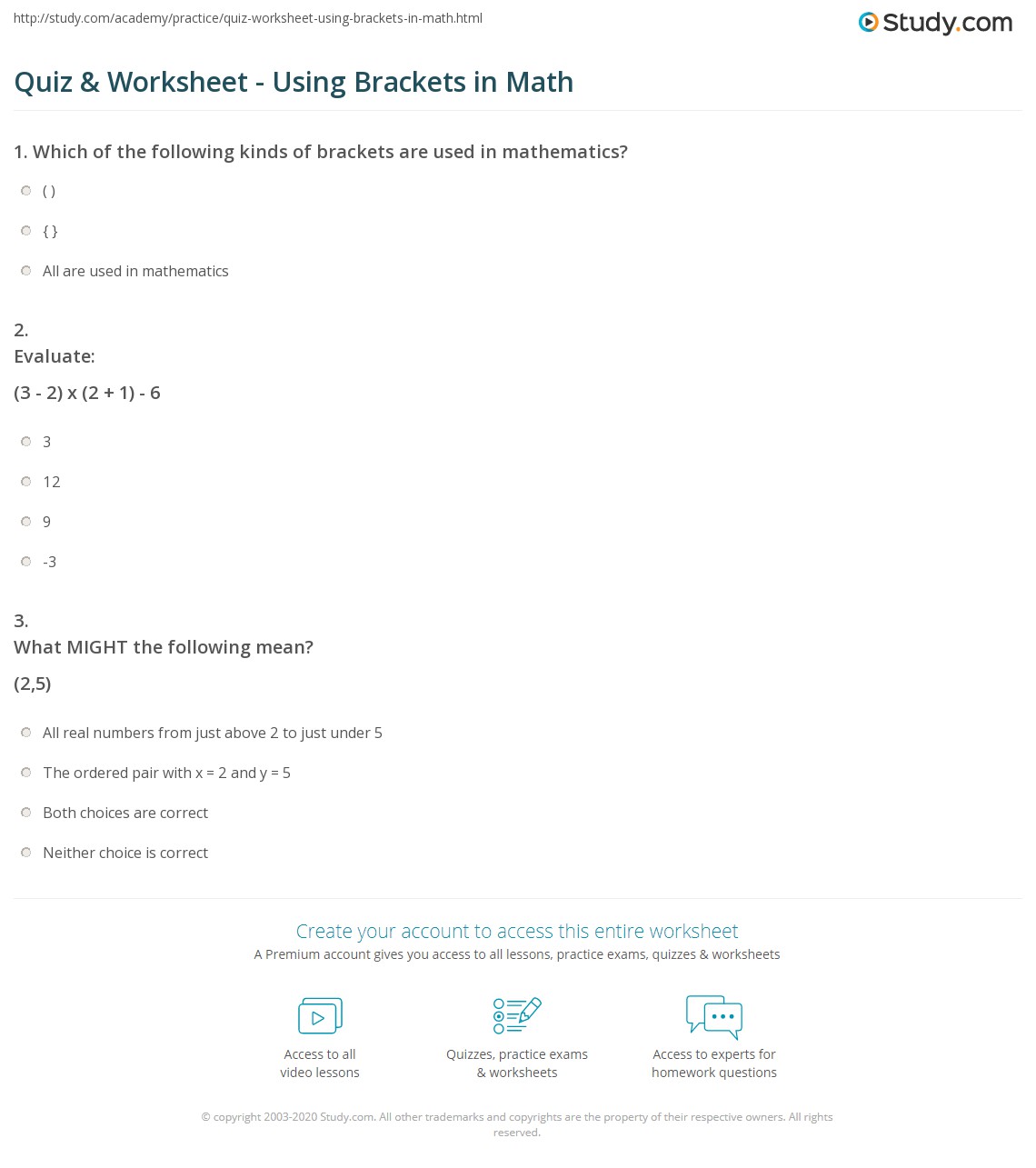 Quiz & Worksheet Using Brackets in Math