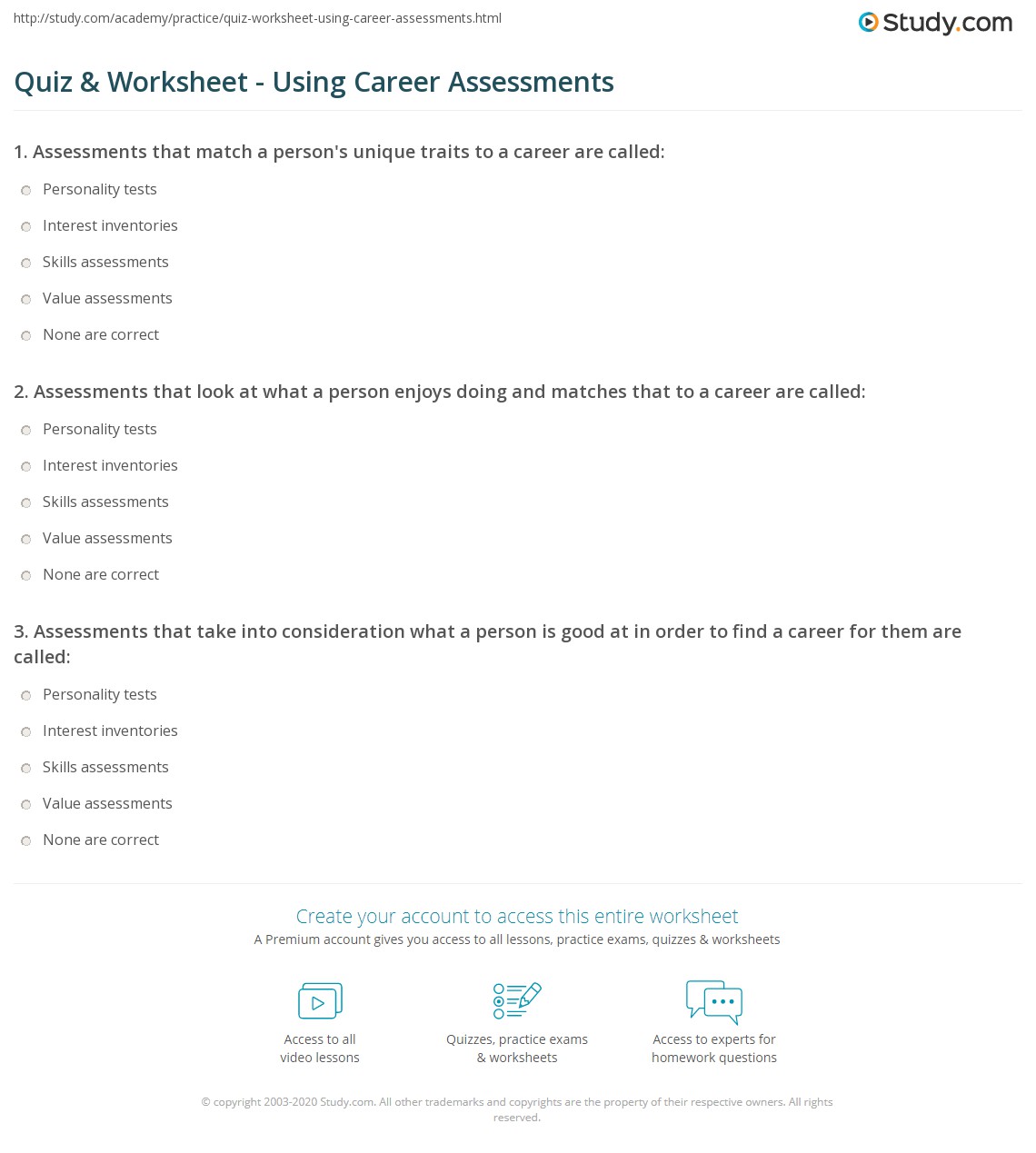 Quiz & Worksheet - Using Career Assessments | Study.com