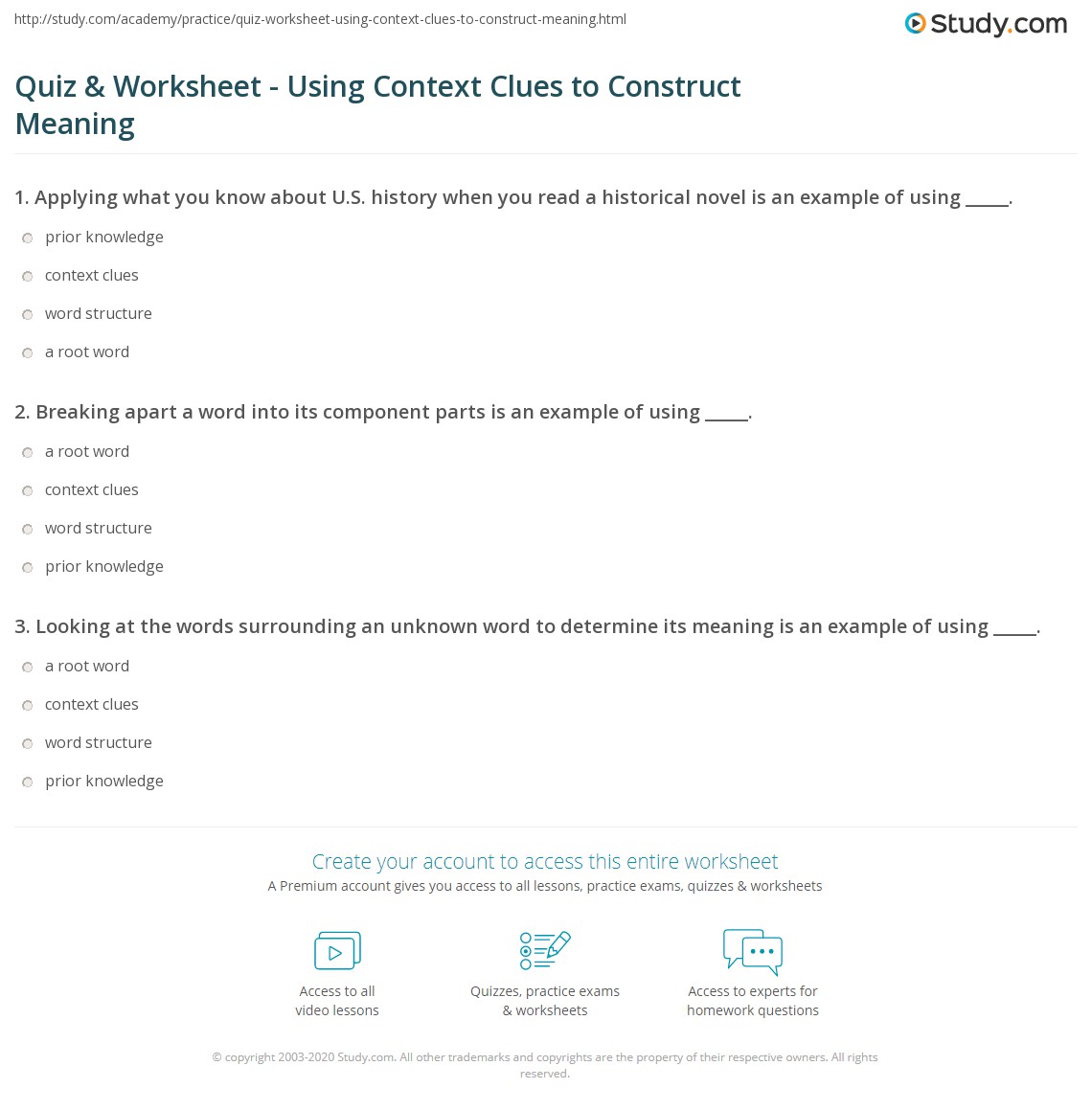 Quiz & Worksheet Using Context Clues to Construct Meaning