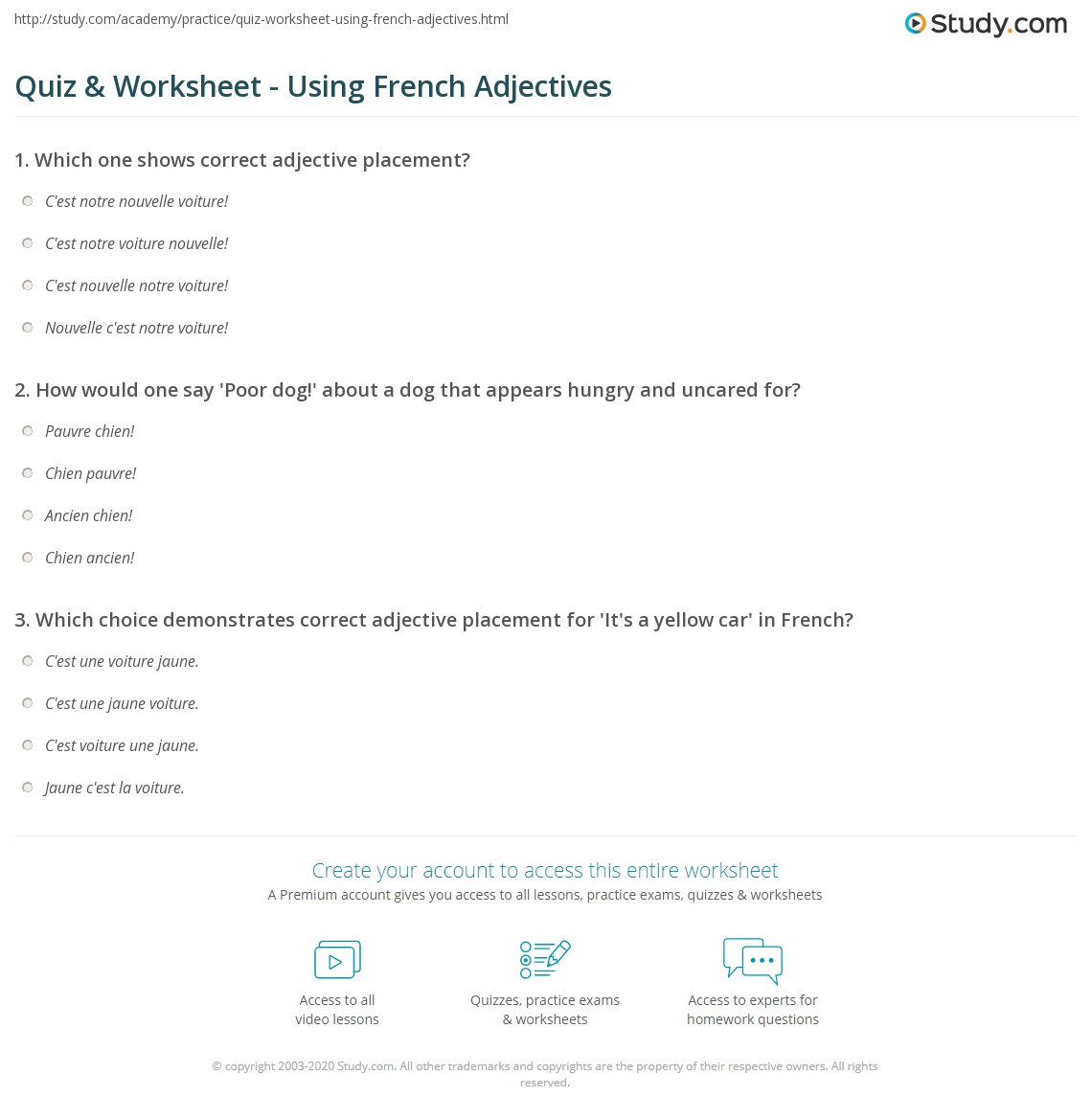 Quiz & Worksheet Using French Adjectives