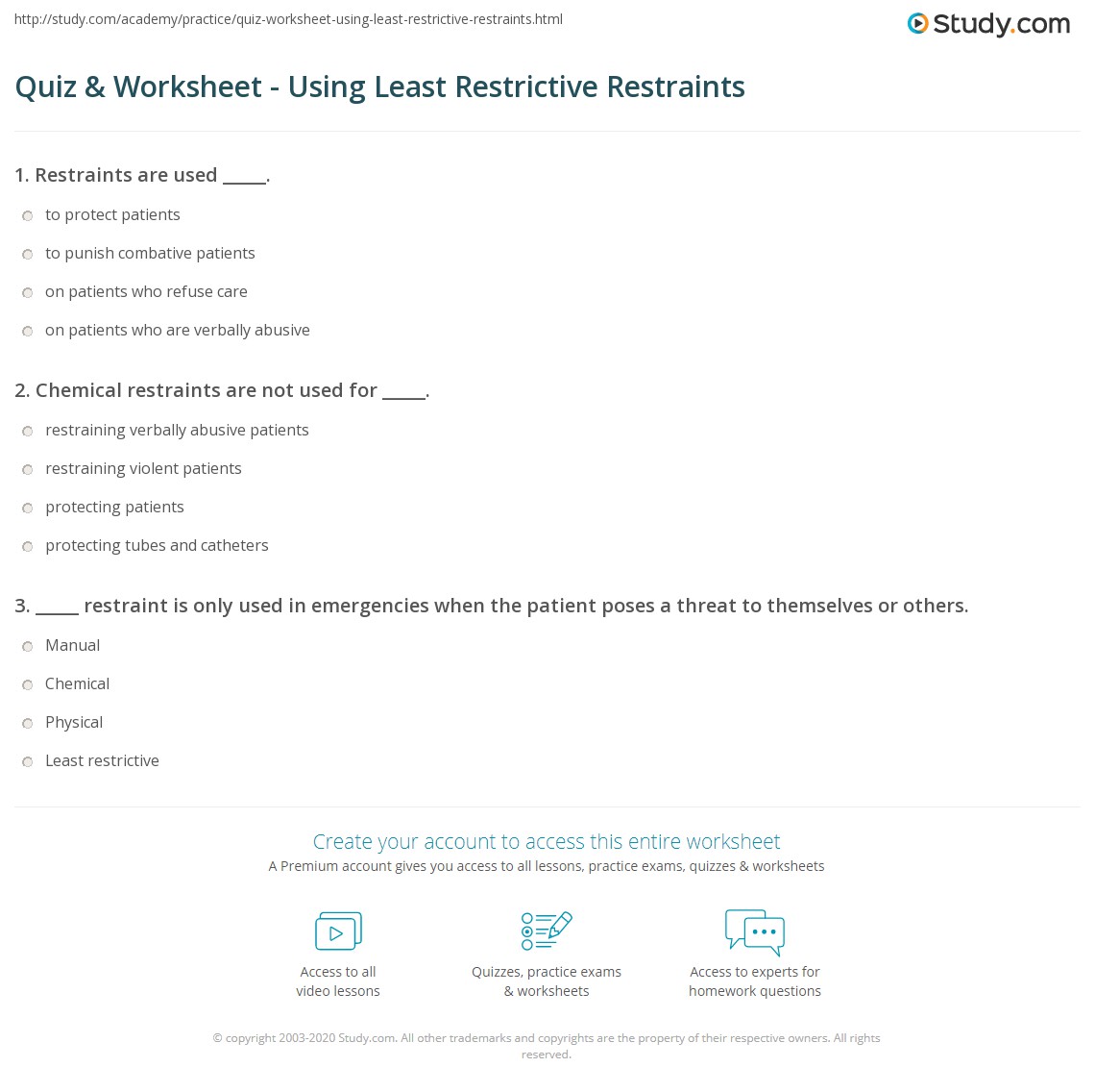 Quiz & Worksheet Using Least Restrictive Restraints