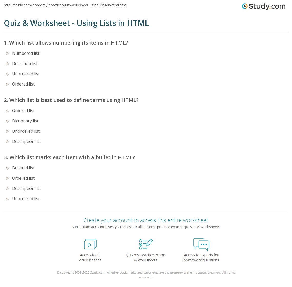 Quiz & Worksheet Using Lists in HTML