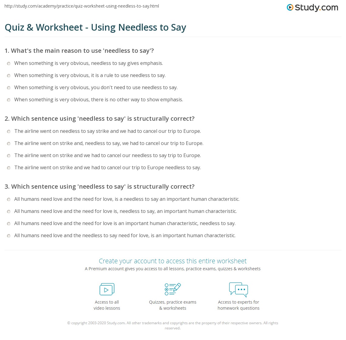 Quiz & Worksheet Using Needless to Say