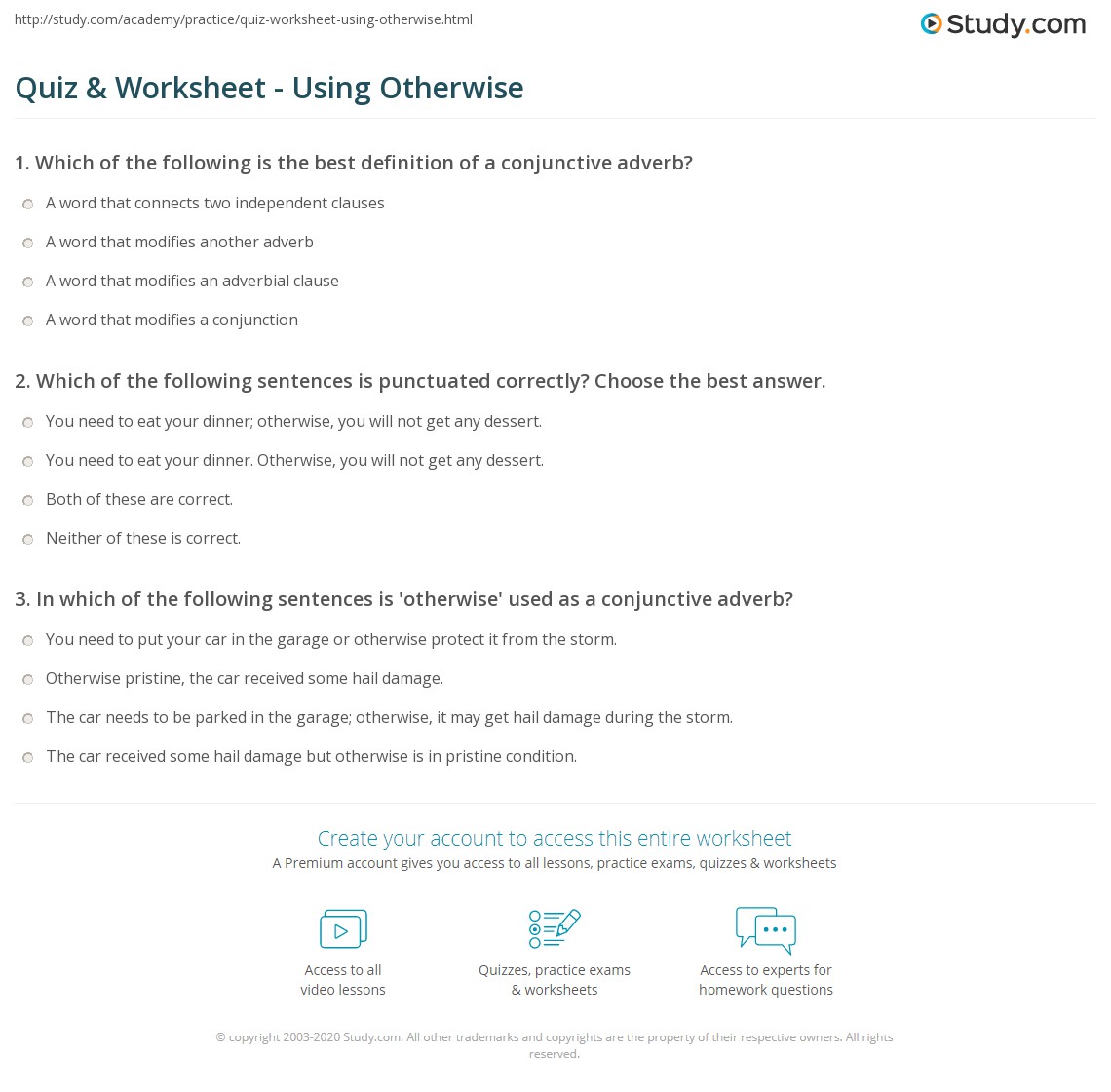 Quiz & Worksheet Using Otherwise