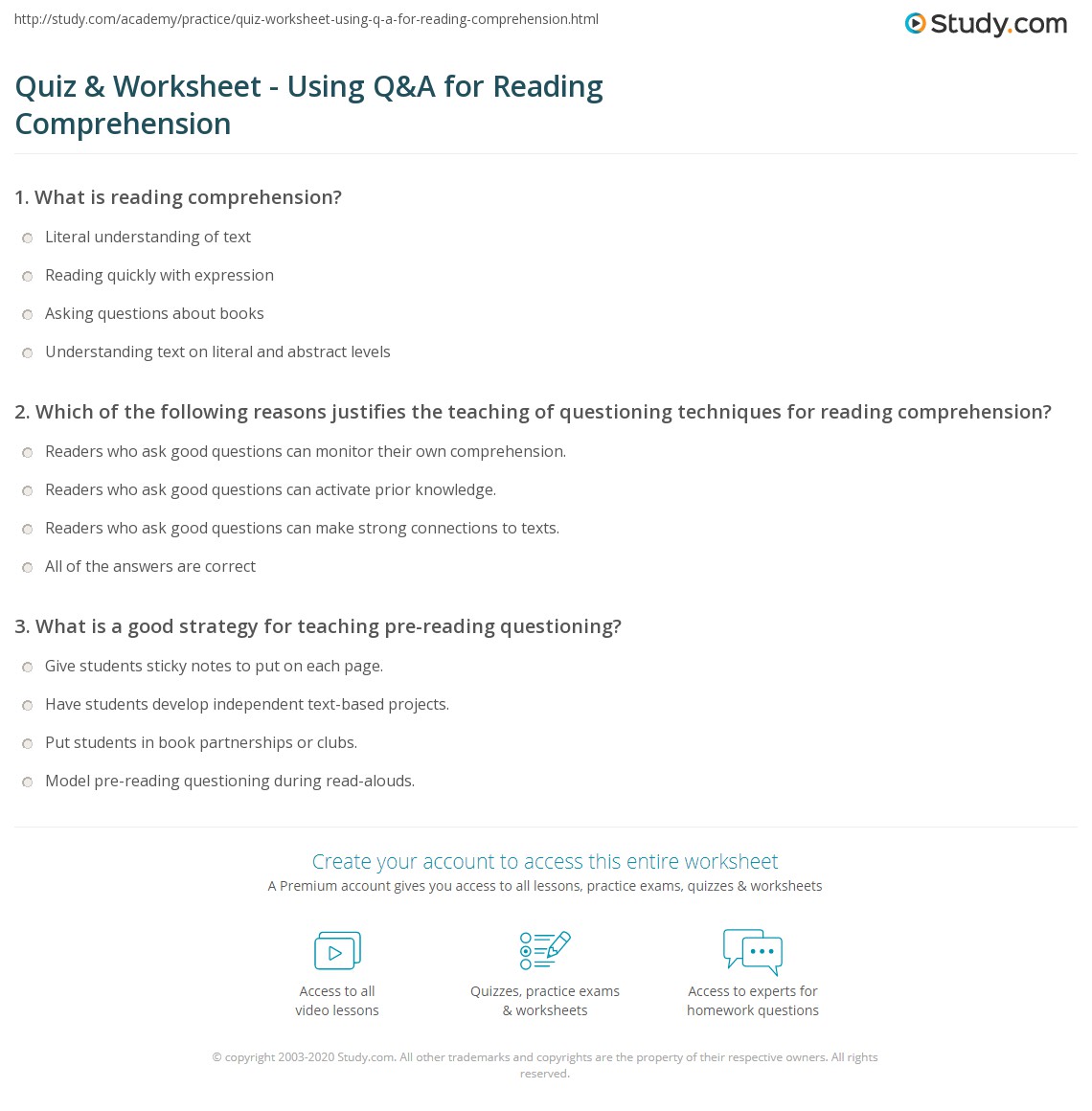 Quiz & Worksheet Using Q&A for Reading Comprehension