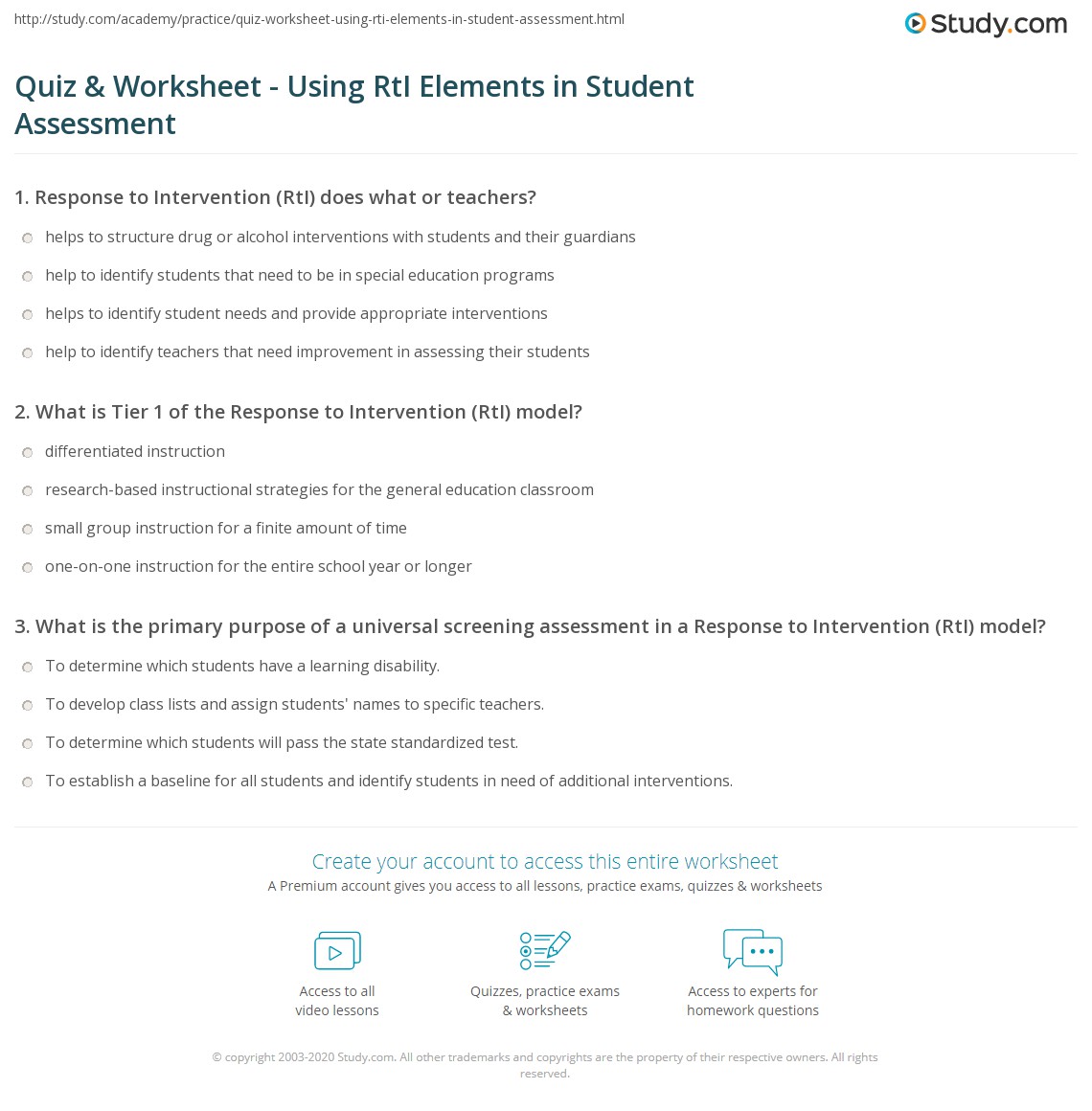 Quiz & Worksheet Using RtI Elements in Student Assessment