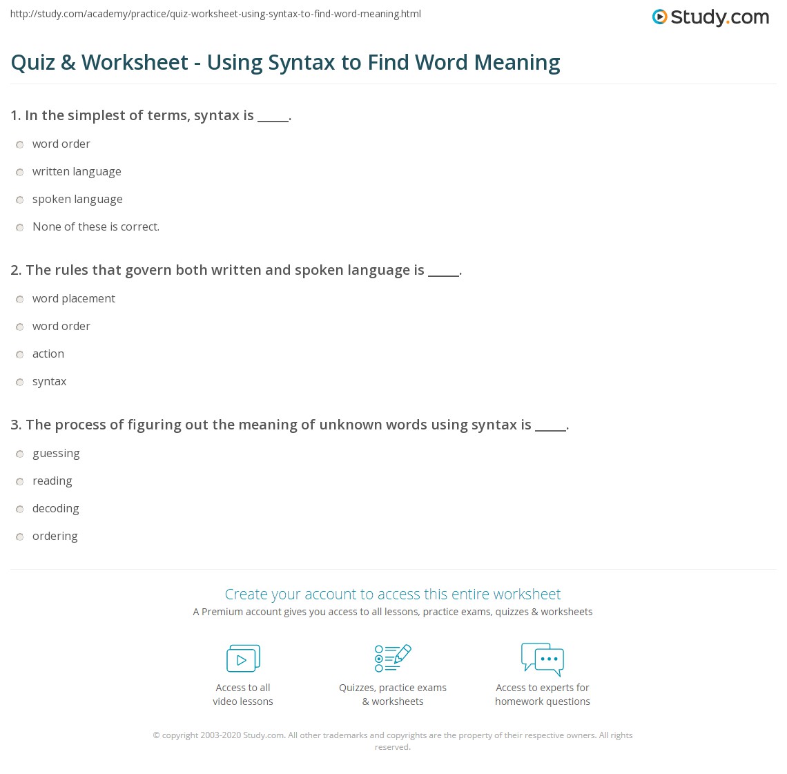 Quiz & Worksheet Using Syntax to Find Word Meaning