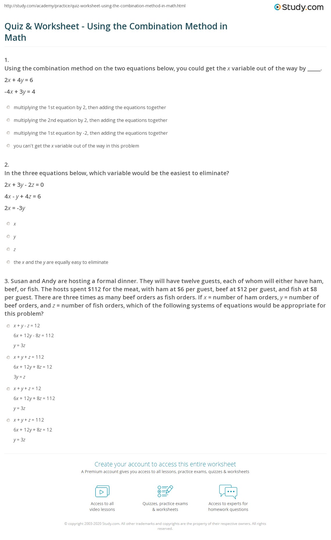 Quiz & Worksheet Using the Combination Method in Math