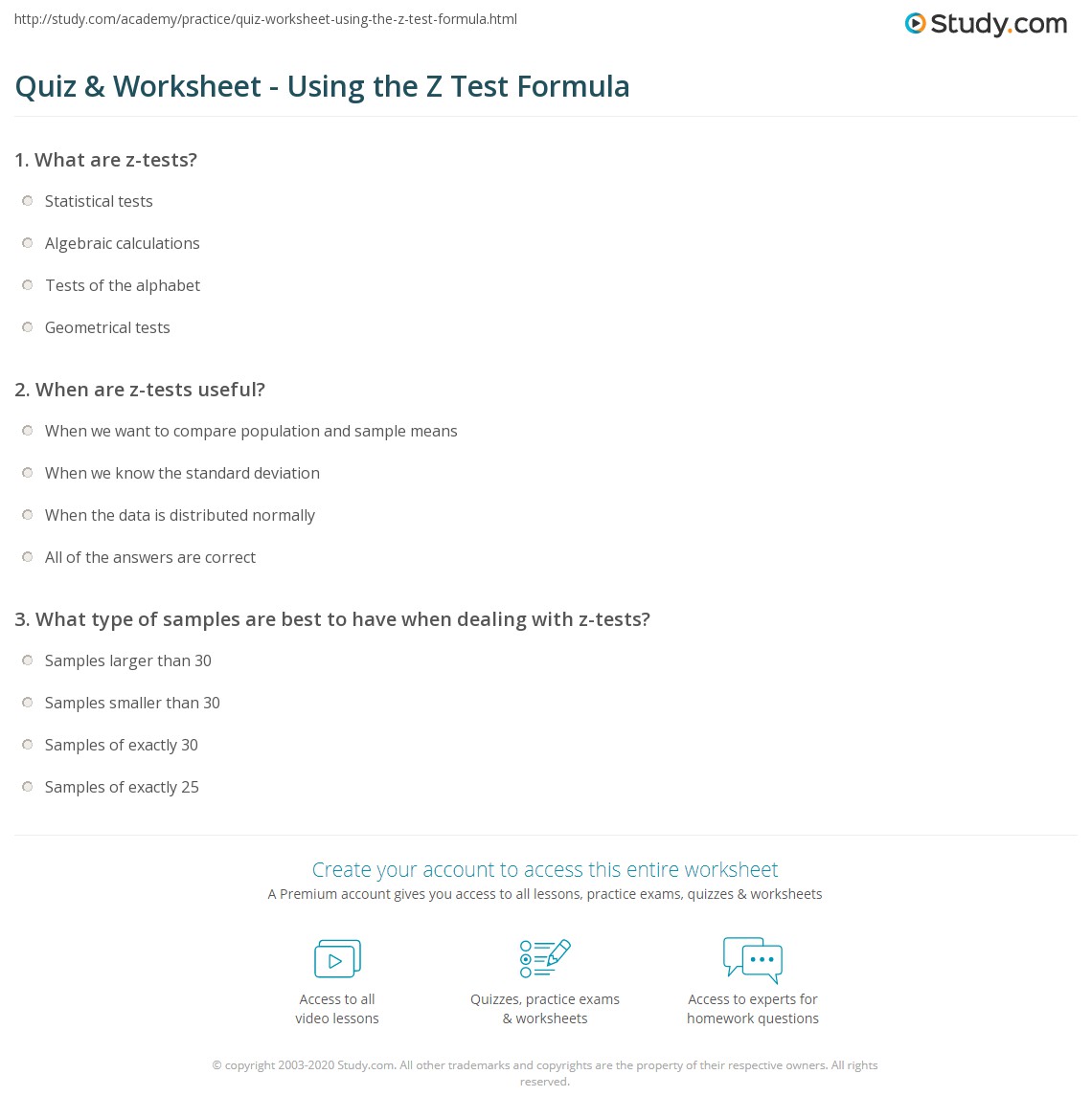 Quiz & Worksheet Using the Z Test Formula