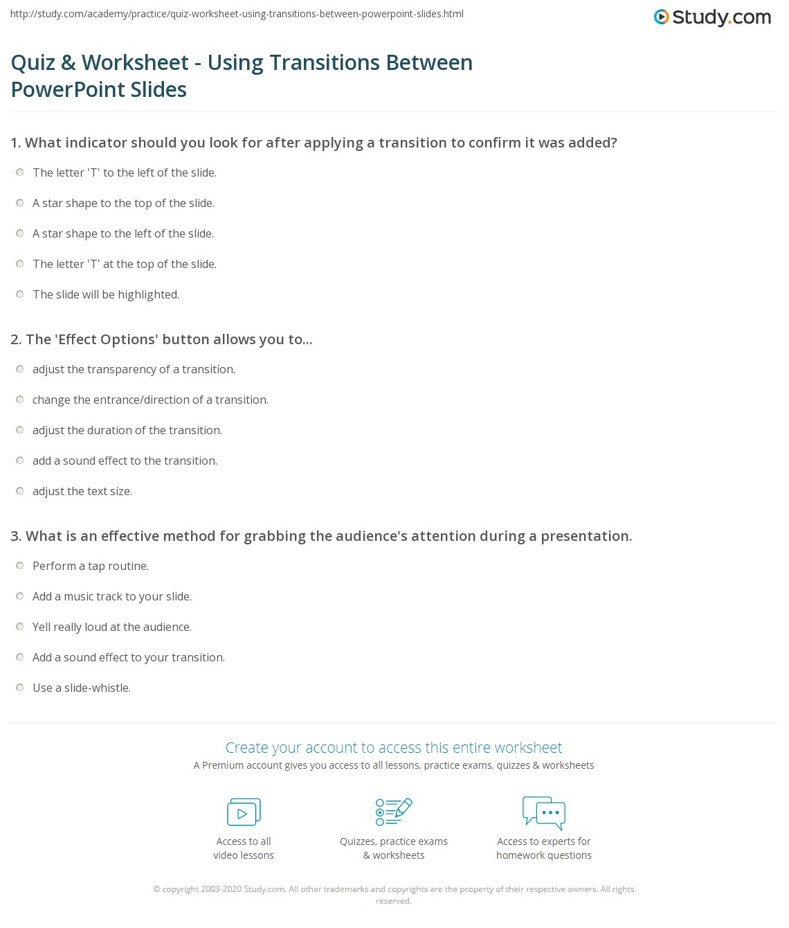 Quiz & Worksheet Using Transitions Between PowerPoint Slides