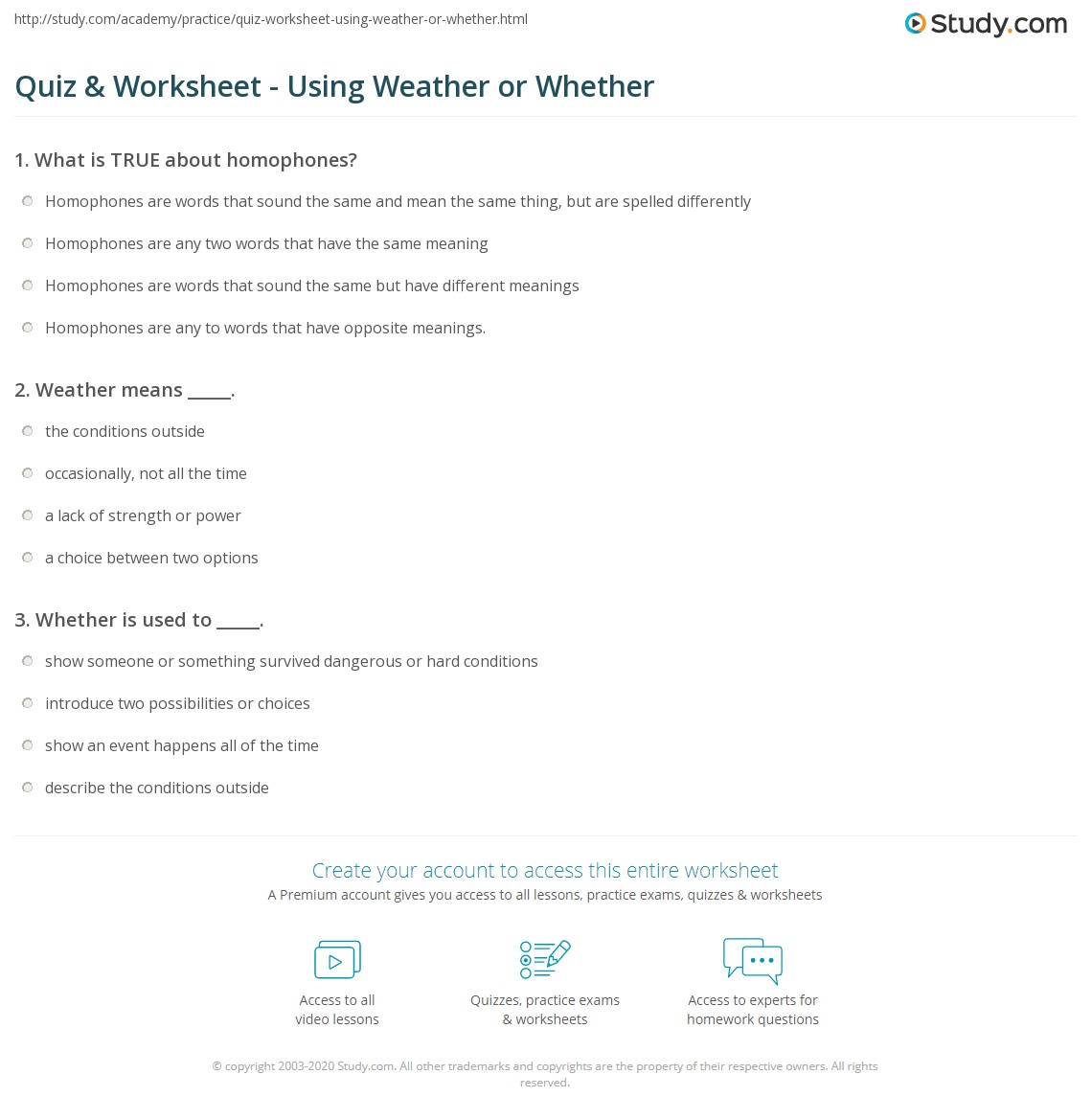 Quiz & Worksheet Using Weather or Whether
