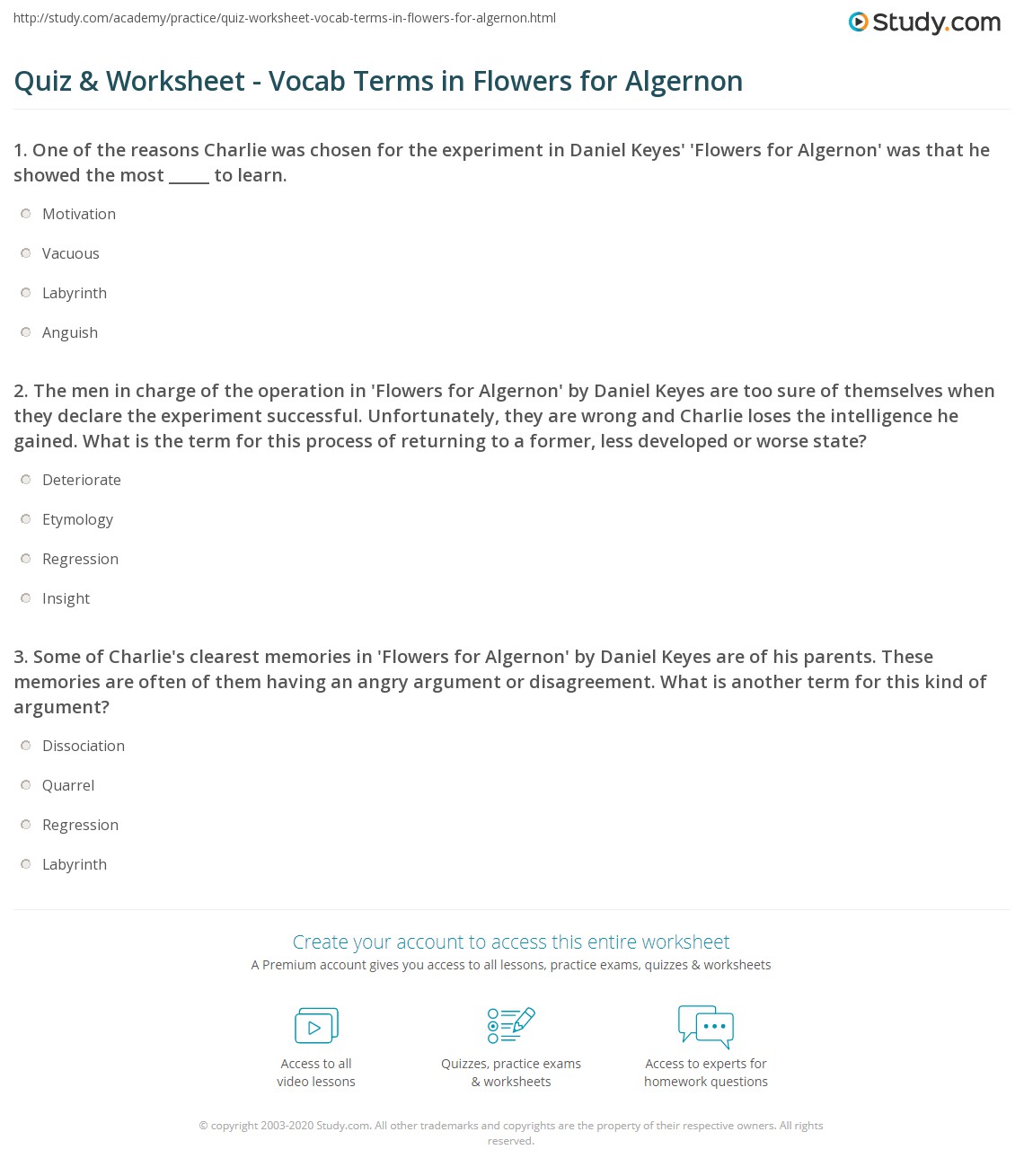 Flowers for Algernon. Vocabulary Quiz and Worksheet.