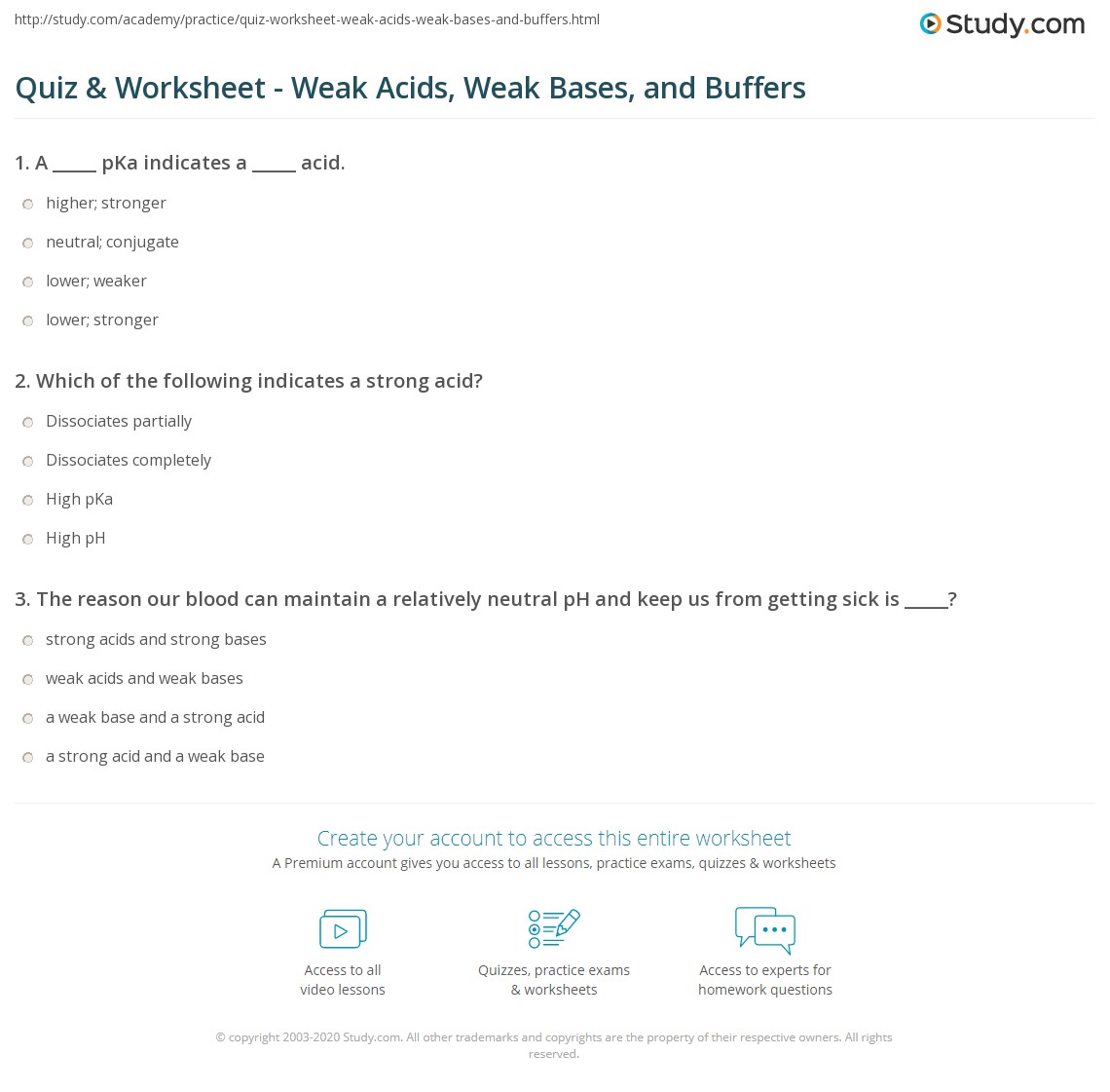 Quiz & Worksheet Weak Acids, Weak Bases, and Buffers