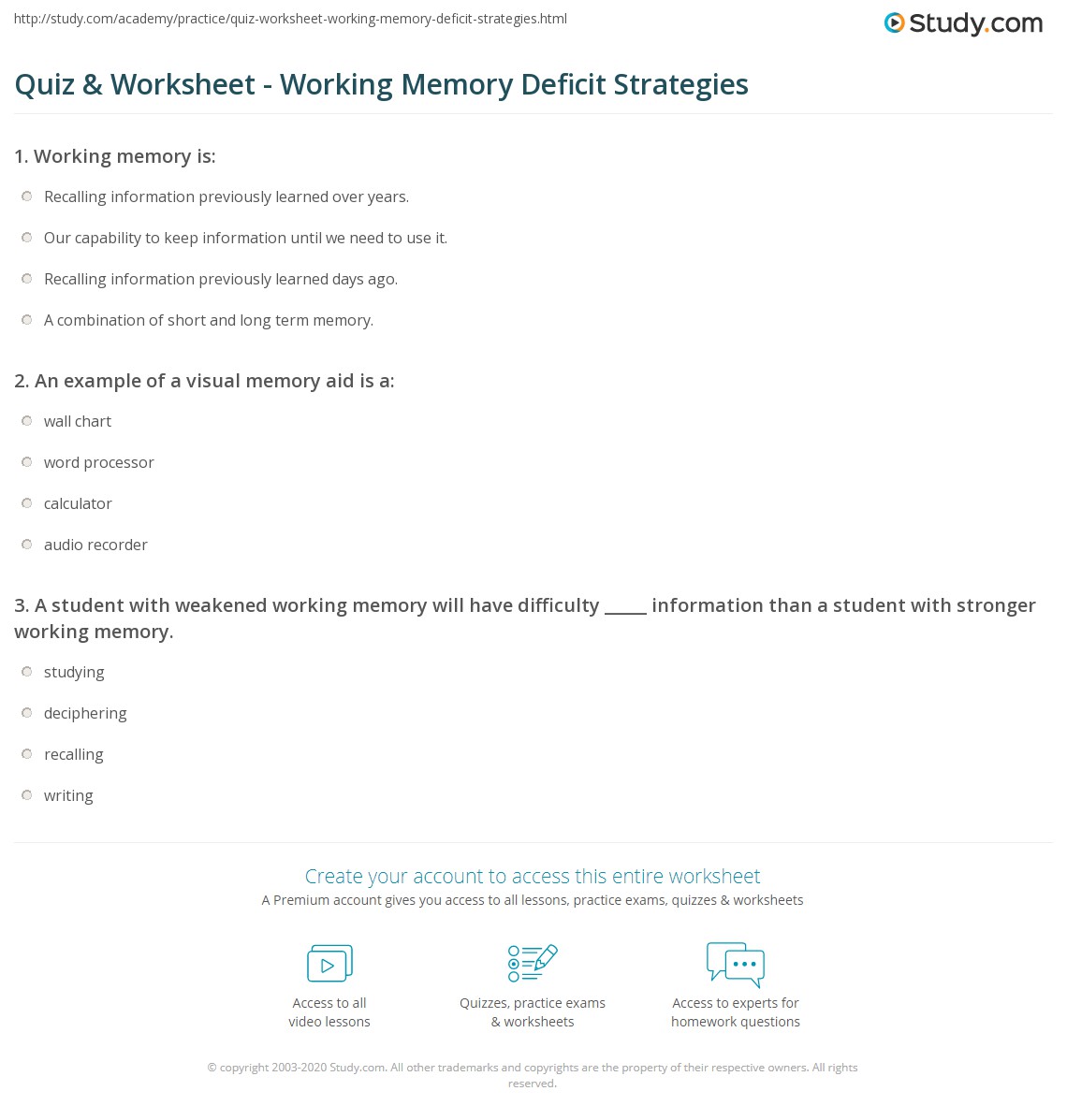 Quiz & Worksheet Working Memory Deficit Strategies