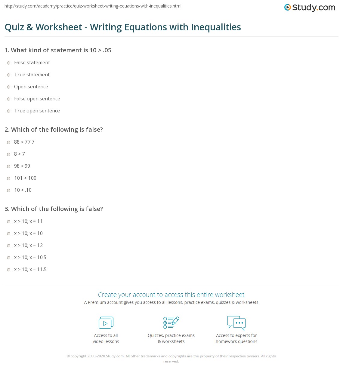 Quiz & Worksheet Writing Equations with Inequalities