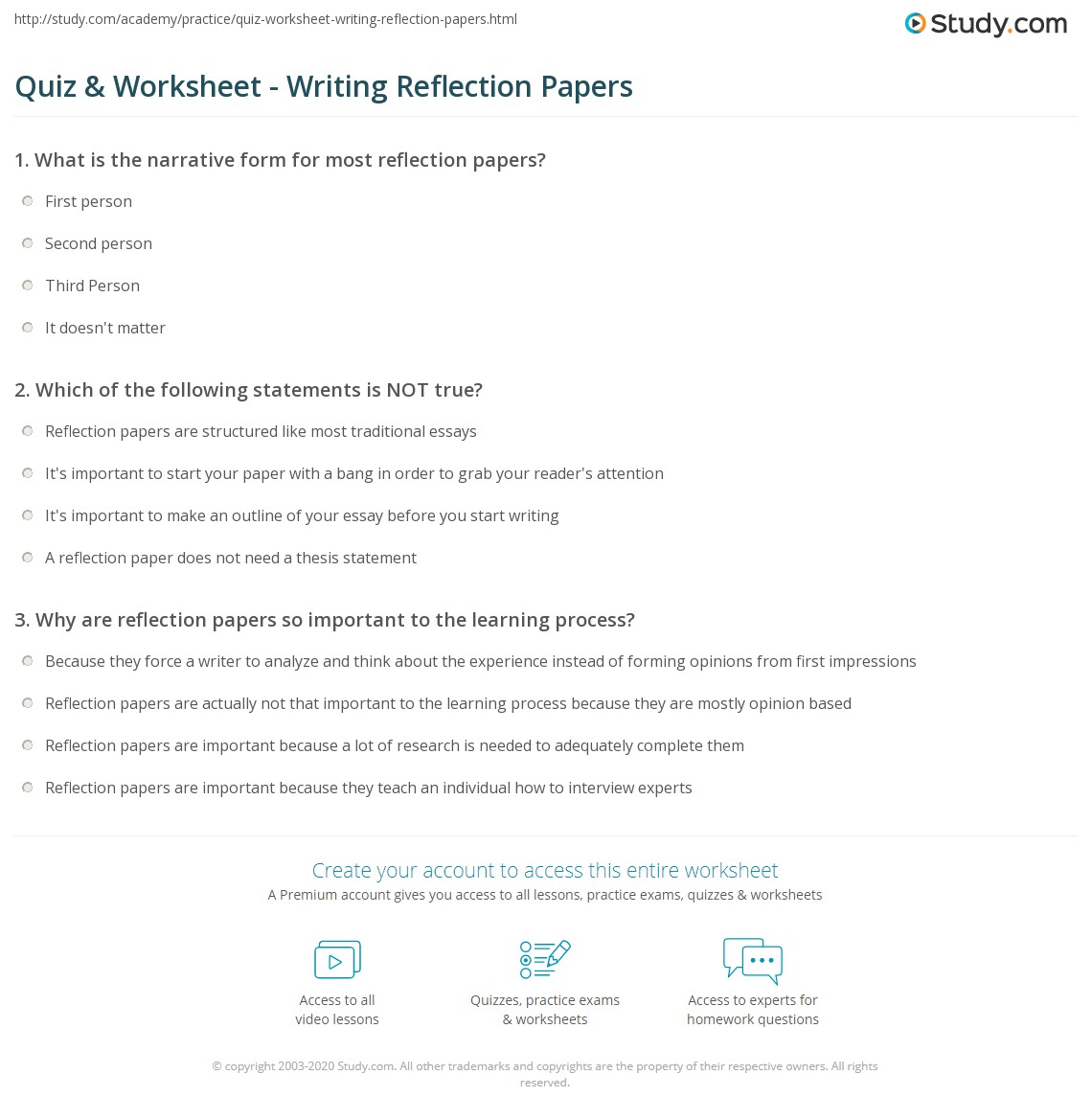 Quiz & Worksheet Writing Reflection Papers