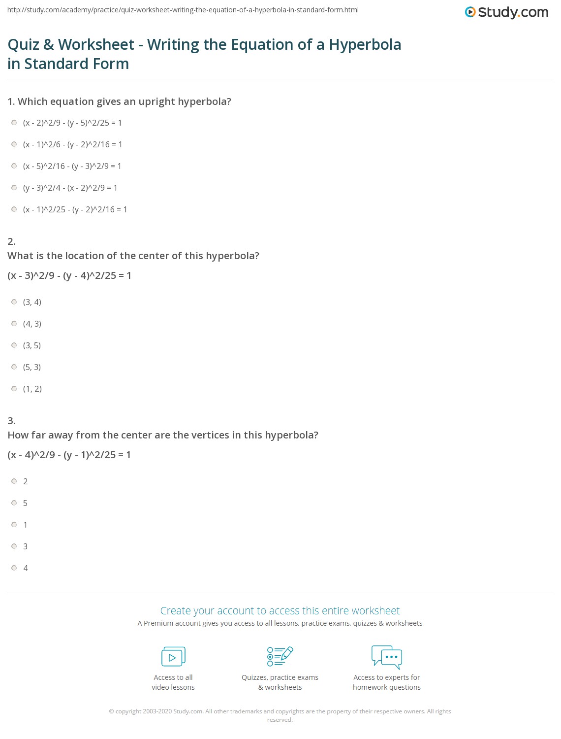 Quiz & Worksheet Writing the Equation of a Hyperbola in Standard Form