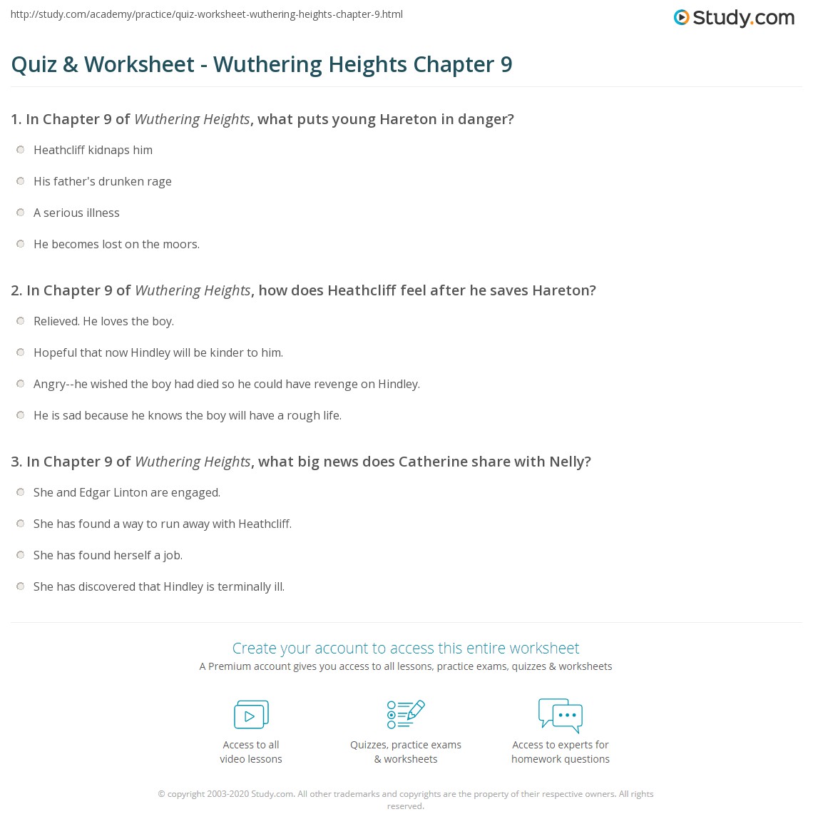 Quiz & Worksheet Wuthering Heights Chapter 9