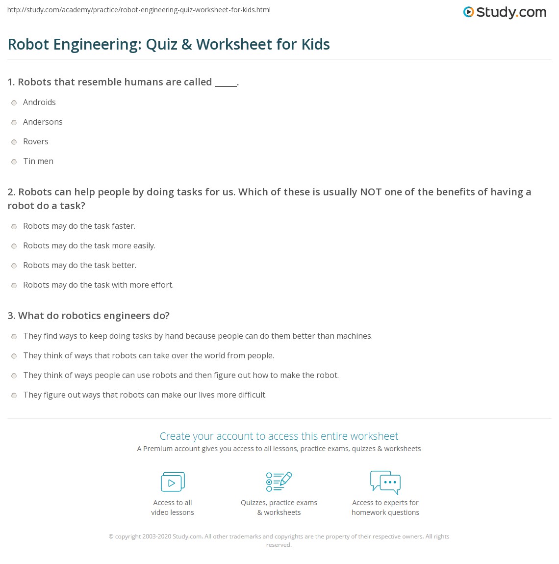Robot Engineering Quiz & Worksheet for Kids
