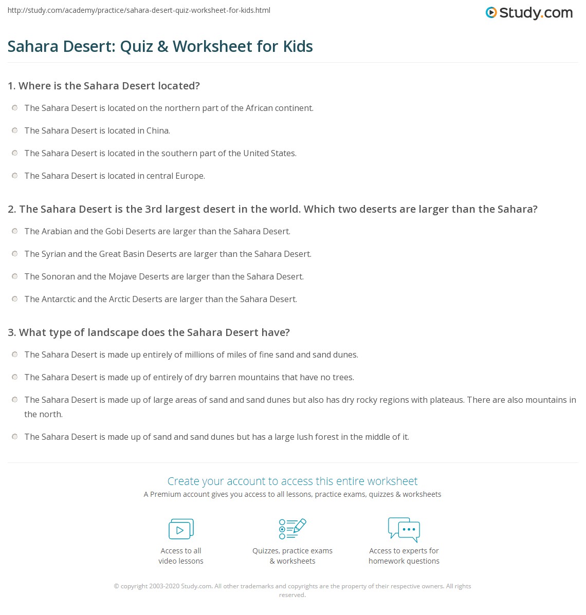 Sahara Desert Quiz & Worksheet for Kids