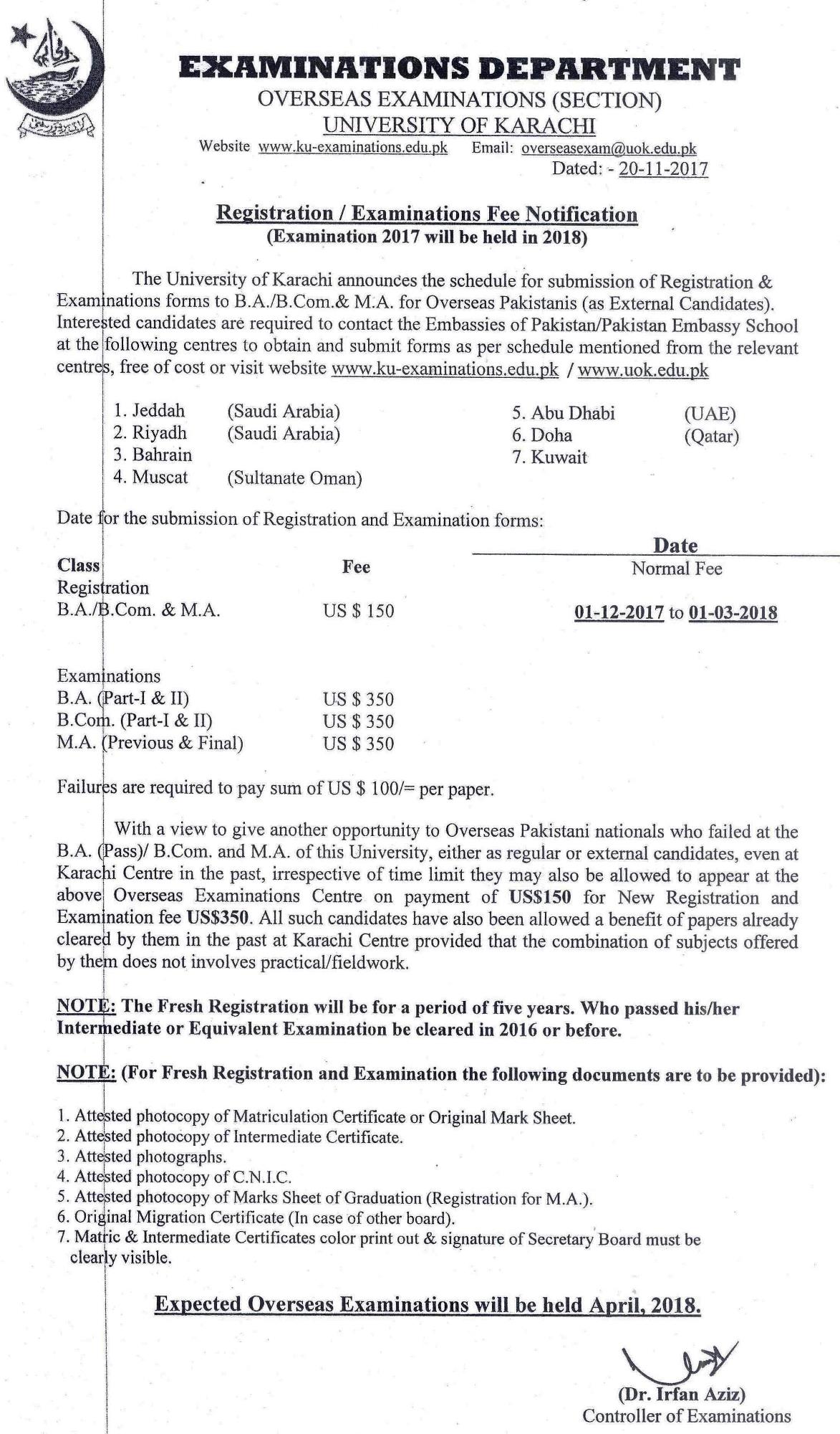 UoK Overseas Registration and Exams Fee 2017
