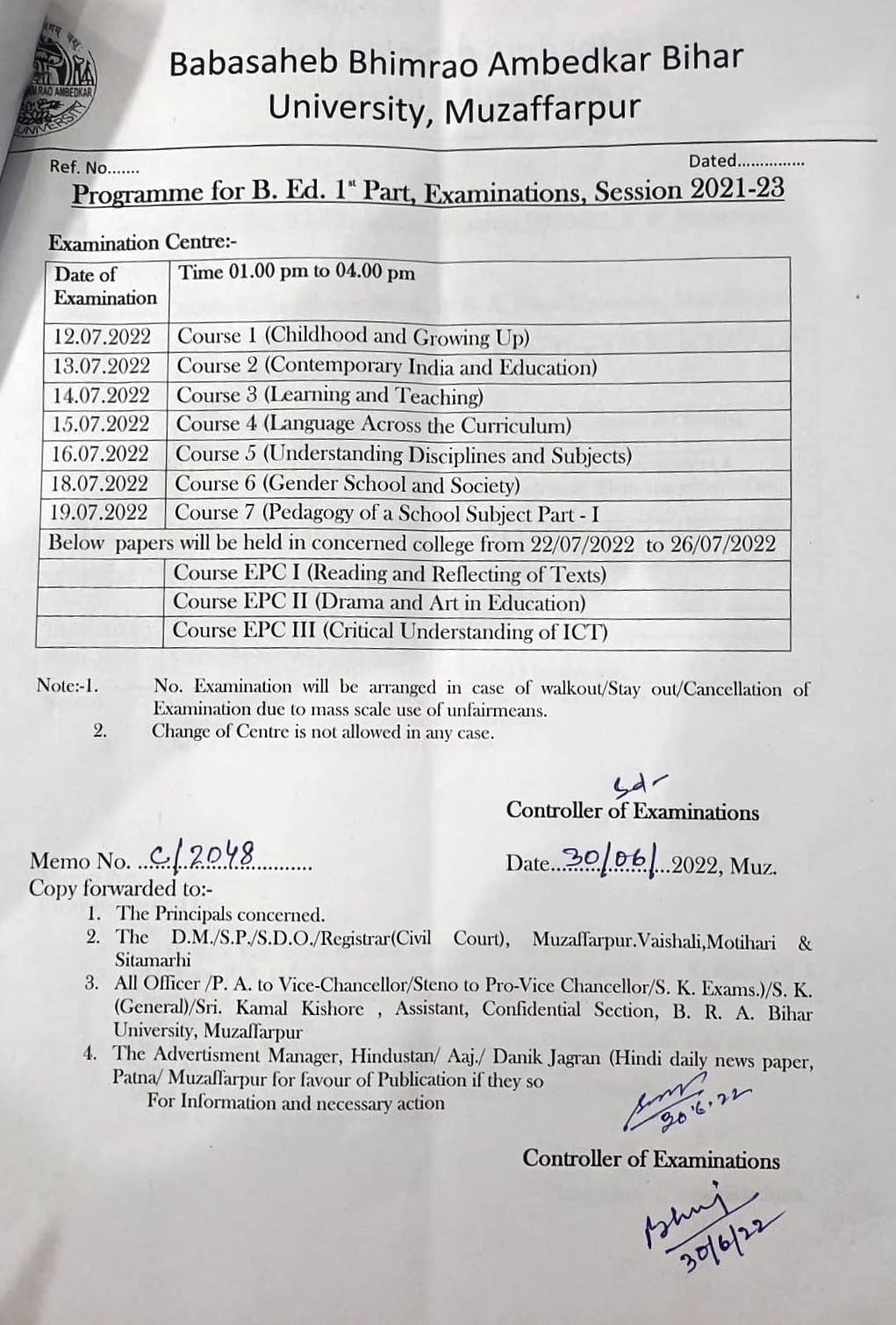 BRABU Programme for B.Ed 1st Part, Examination session 202123