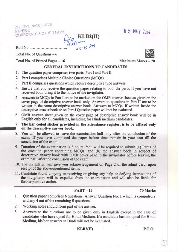 Download CA Intermediate Corporate And Other Laws May 2024 question