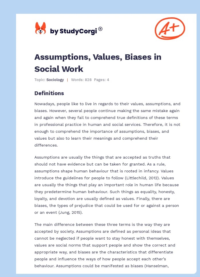 Assumptions, Values, Biases in Social Work Free Essay Example